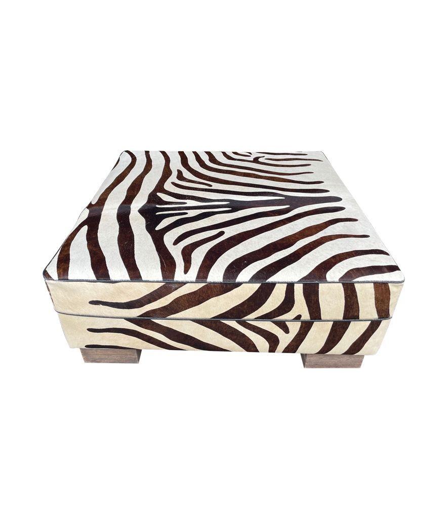 Cowhide Covered Ottoman with Printed Zebra Skin Design 4