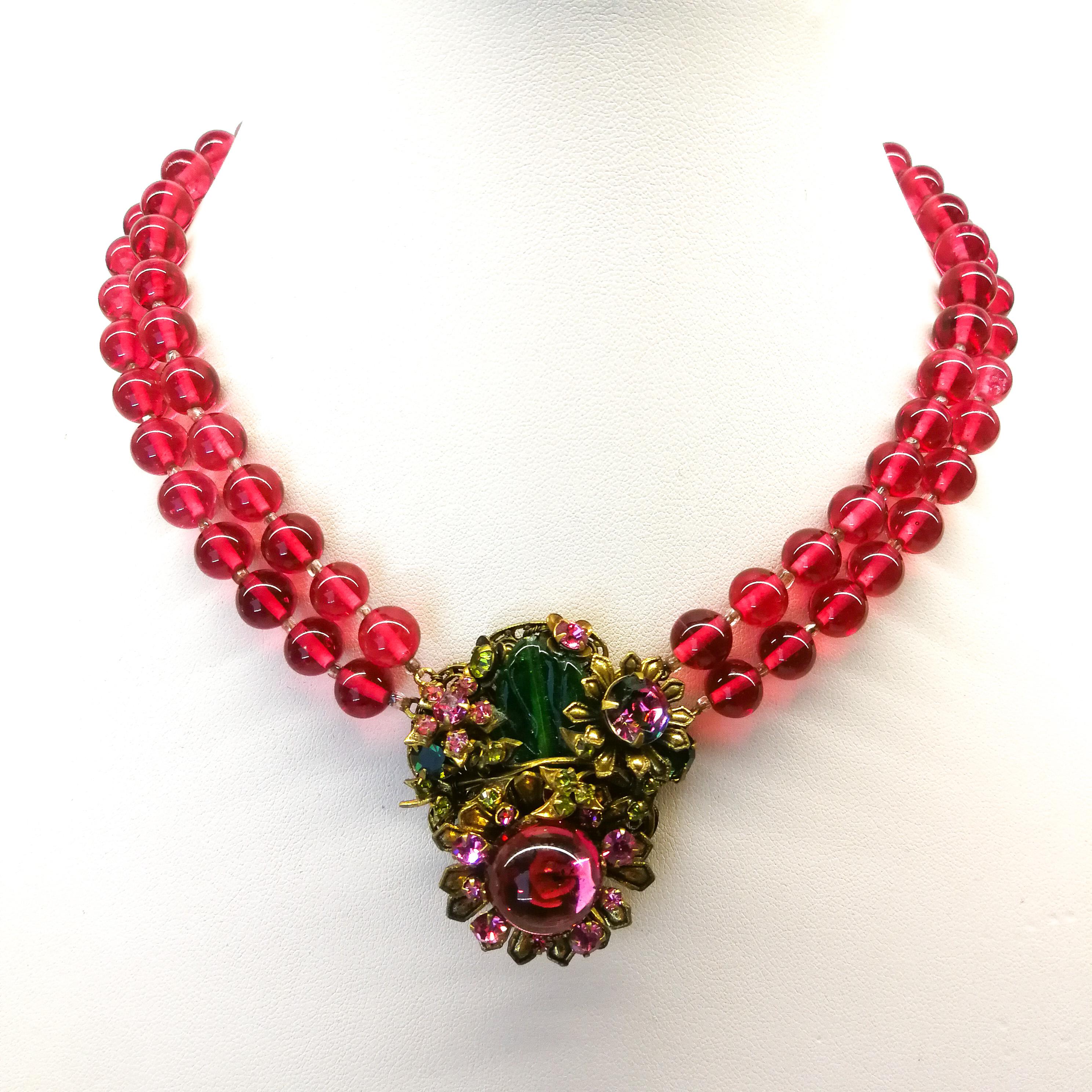 A cranberry glass and coloured paste double row necklace, Miriam Haskell, 1950s In Excellent Condition In Greyabbey, County Down