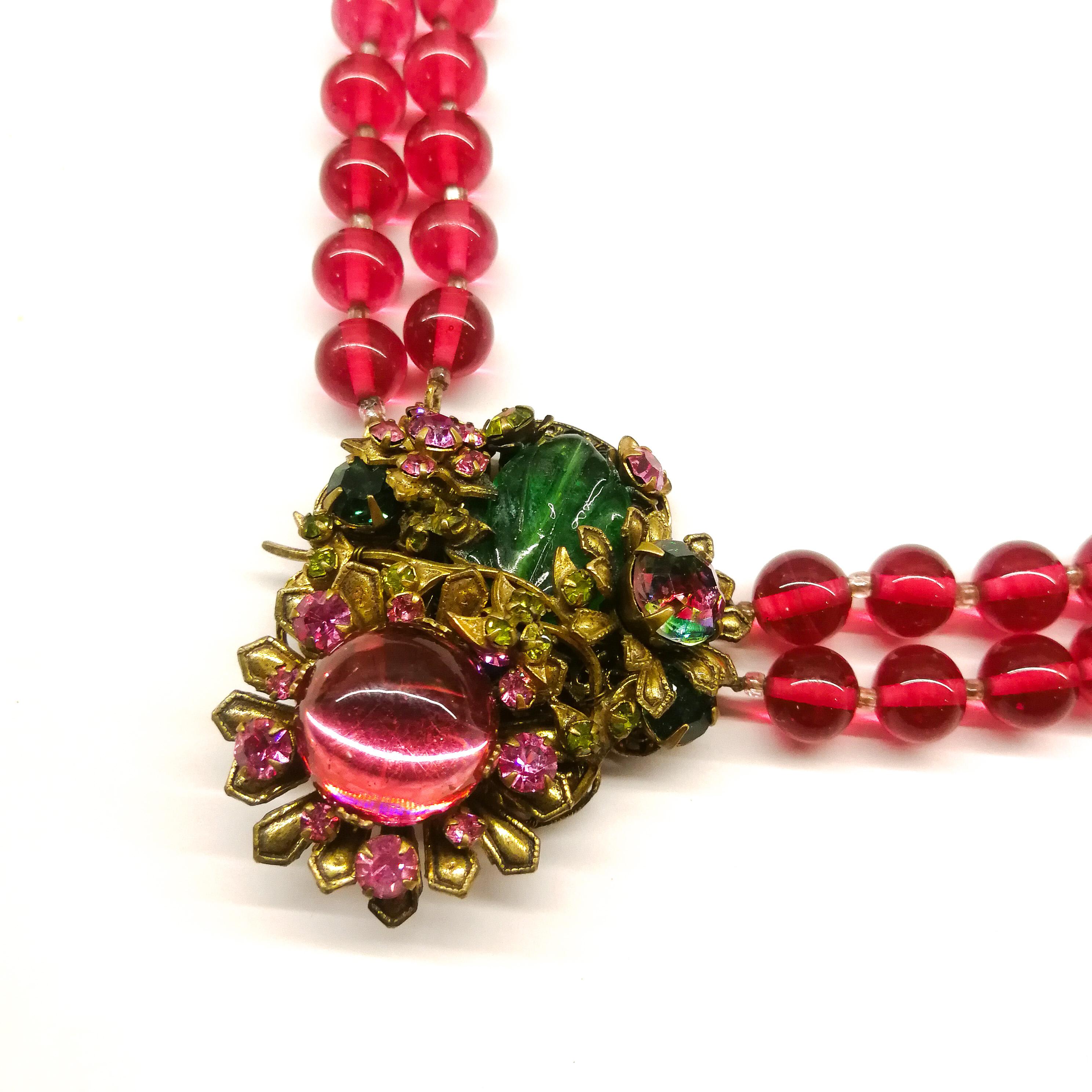 Women's A cranberry glass and coloured paste double row necklace, Miriam Haskell, 1950s
