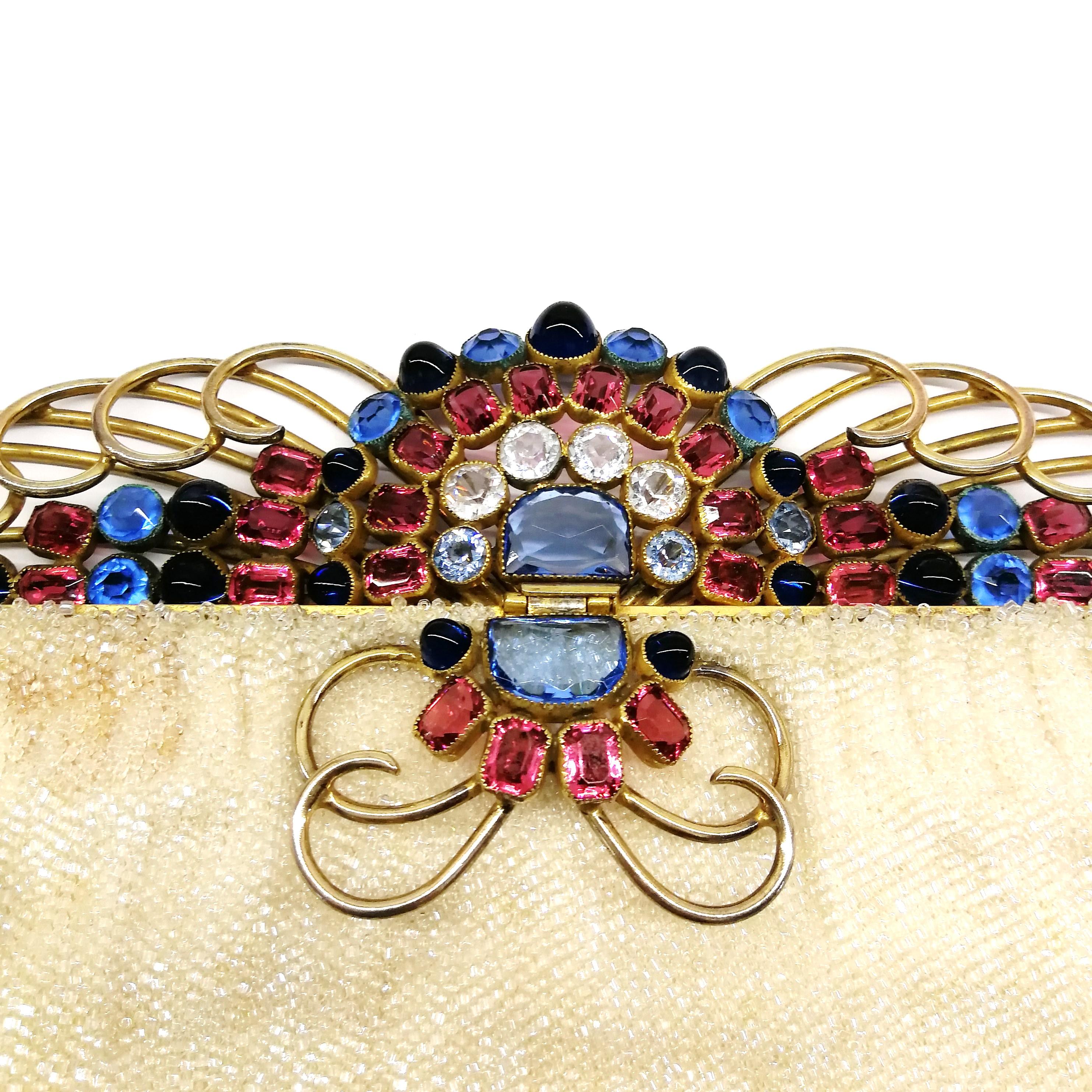 A cream beaded evening bag, with a fabulous jewelled frame, Josef, USA, 1940s. For Sale 2