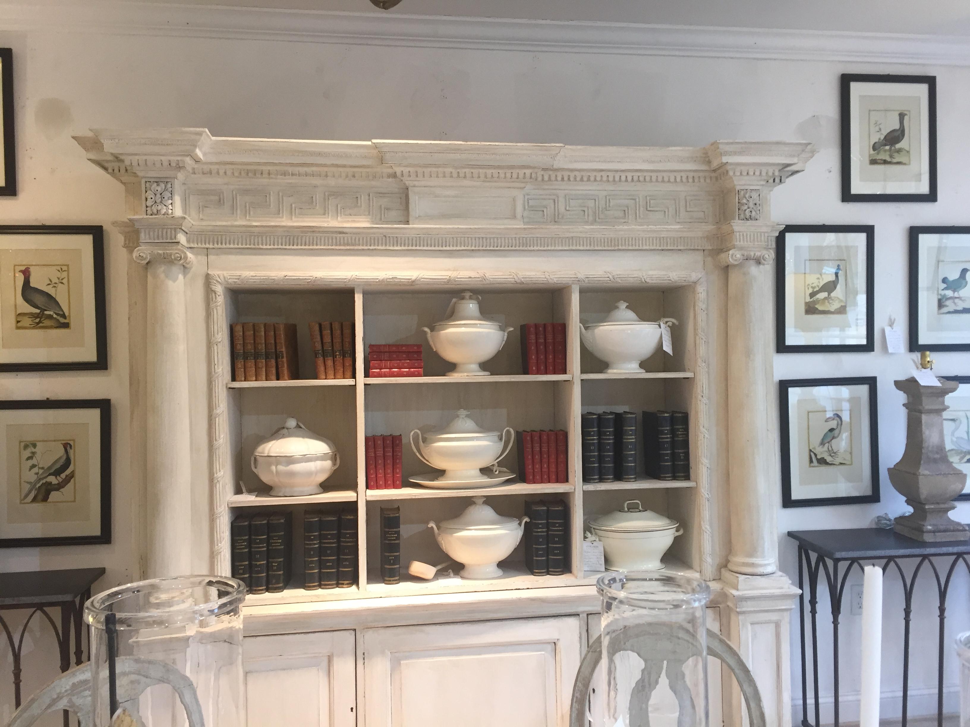 19th Century A cream painted wooden neoclassical bookcase in two sections