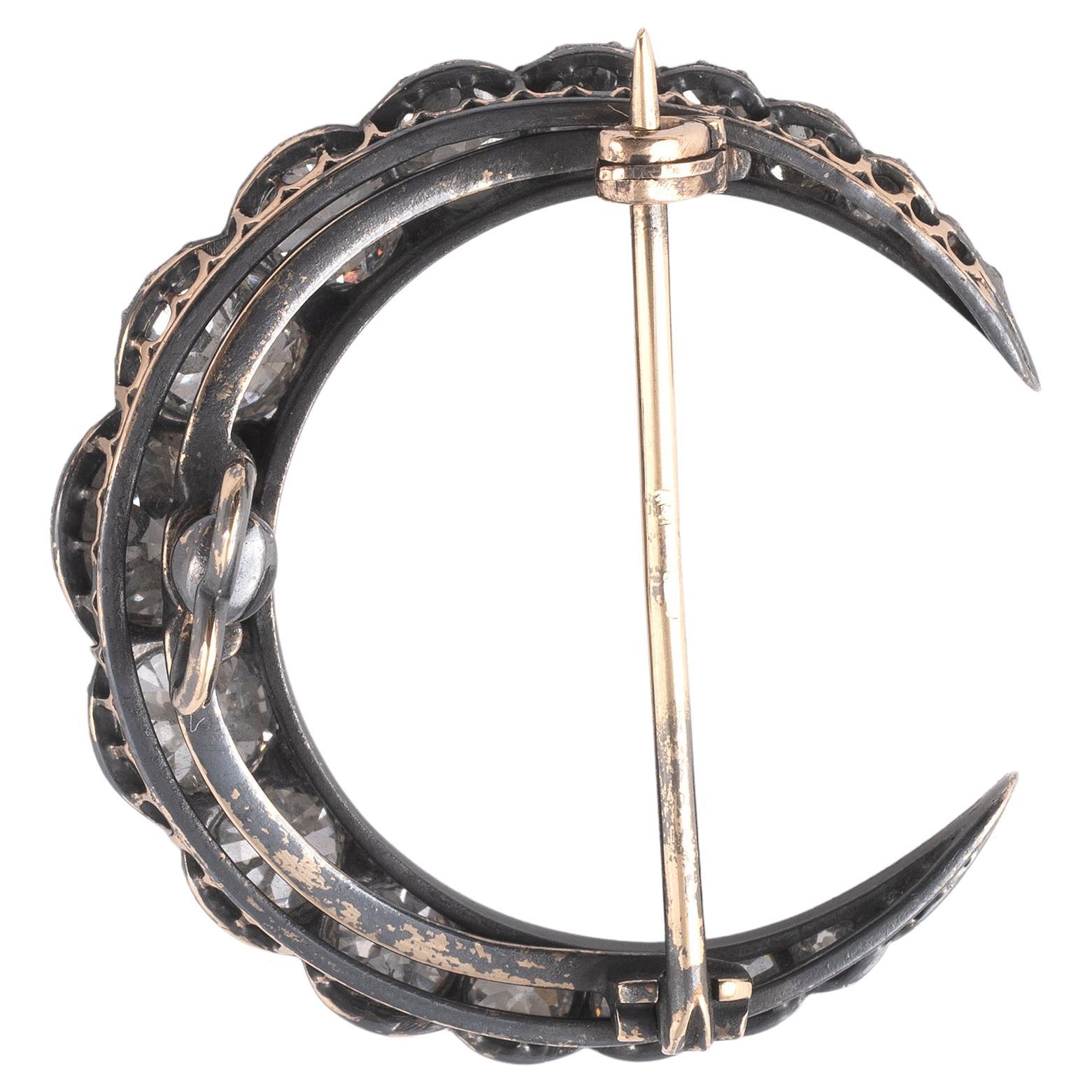 Old European Cut A Crescent Moon Brooch with 4.5ct Old Cut Diamonds, circa 1900's For Sale