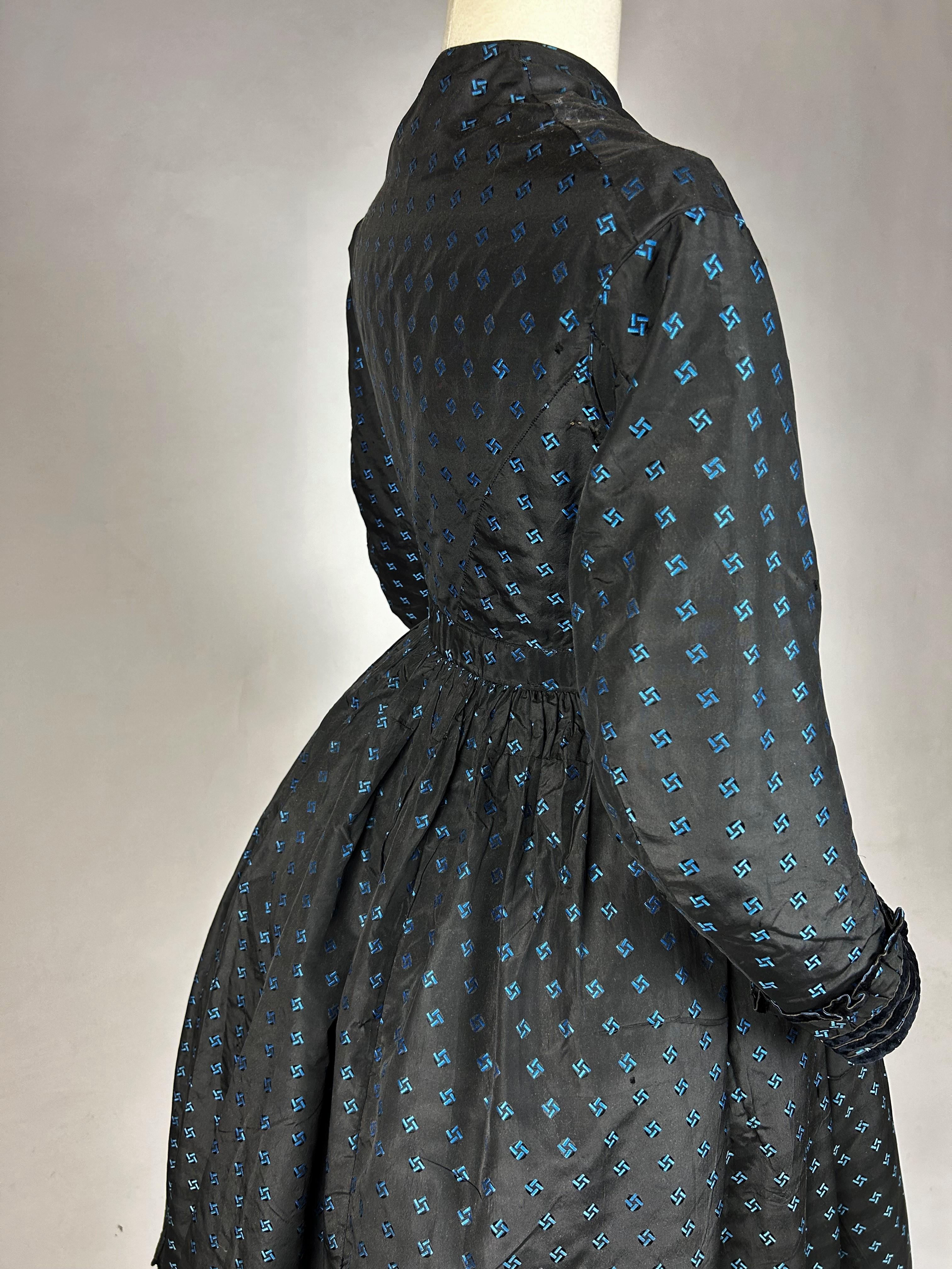 A Crinoline Day dress in black taffeta brocaded silk brocaded France Circa 1870 6