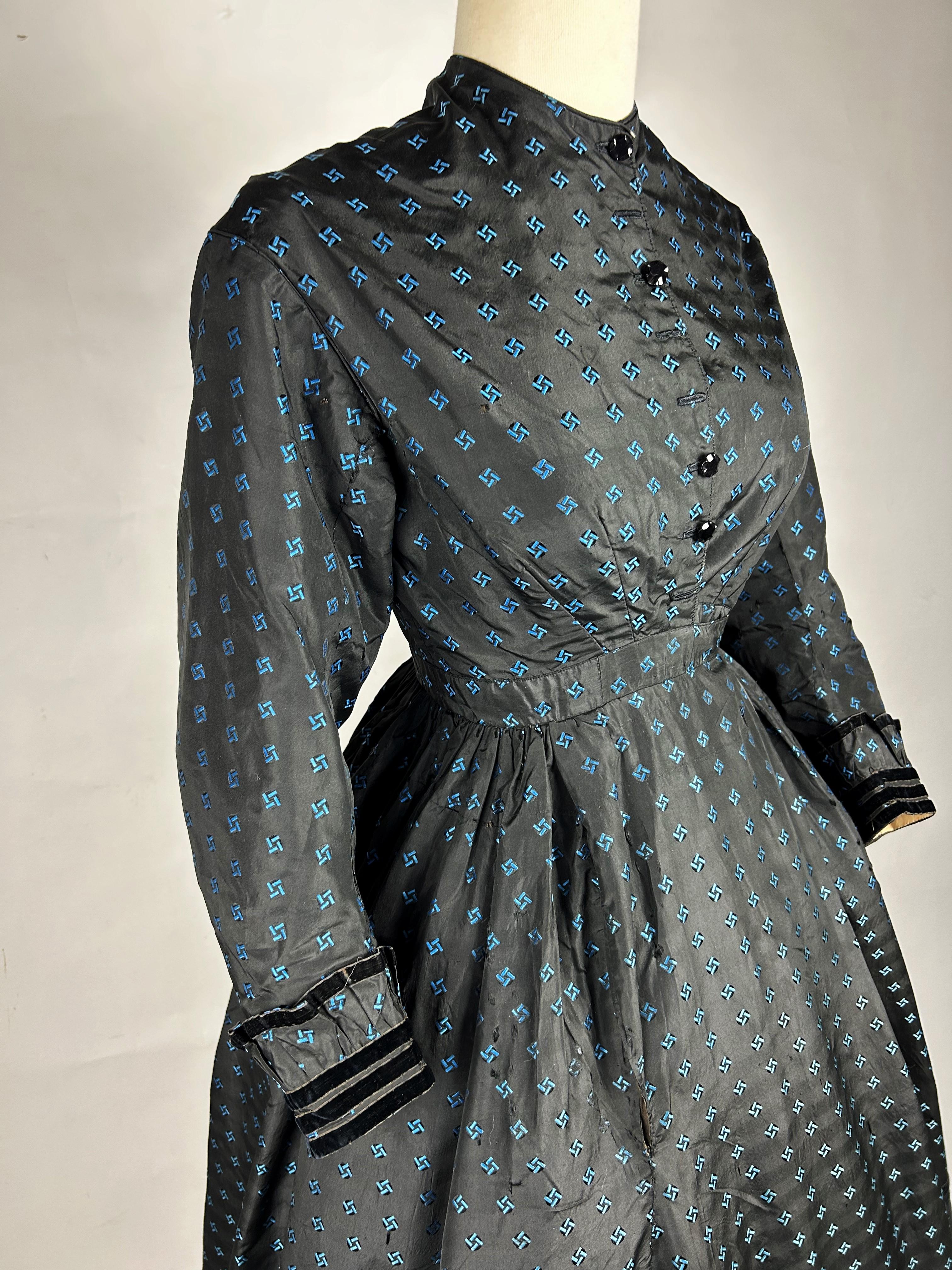 A Crinoline Day dress in black taffeta brocaded silk brocaded France Circa 1870 2