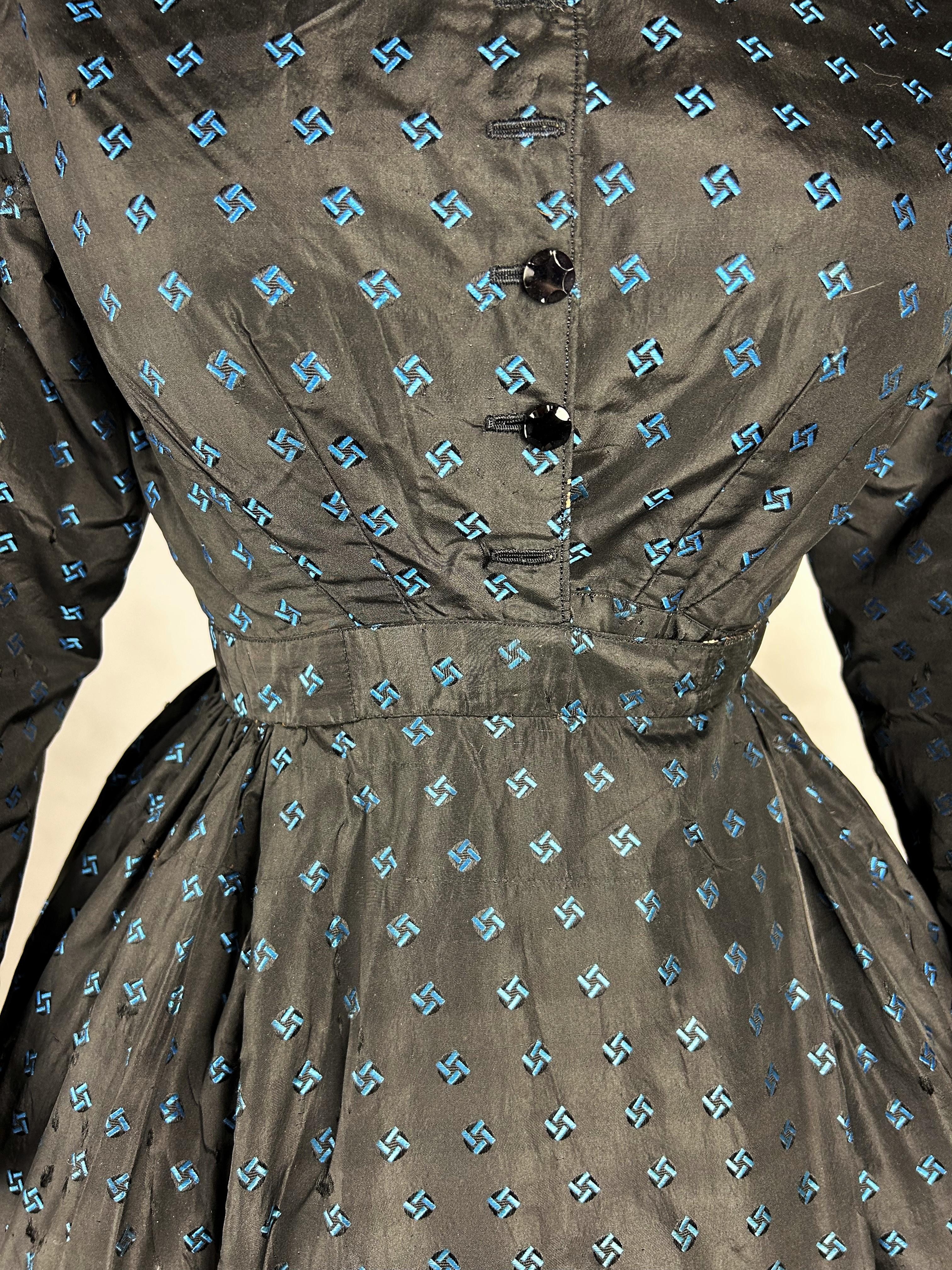 A Crinoline Day dress in black taffeta brocaded silk brocaded France Circa 1870 3
