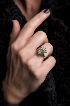 Crowned 19th Century Old Mine Cushion 2.16ct Diamond and Emerald Cluster Ring