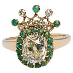 Antique Crowned 19th Century Old Mine Cushion 2.16ct Diamond and Emerald Cluster Ring