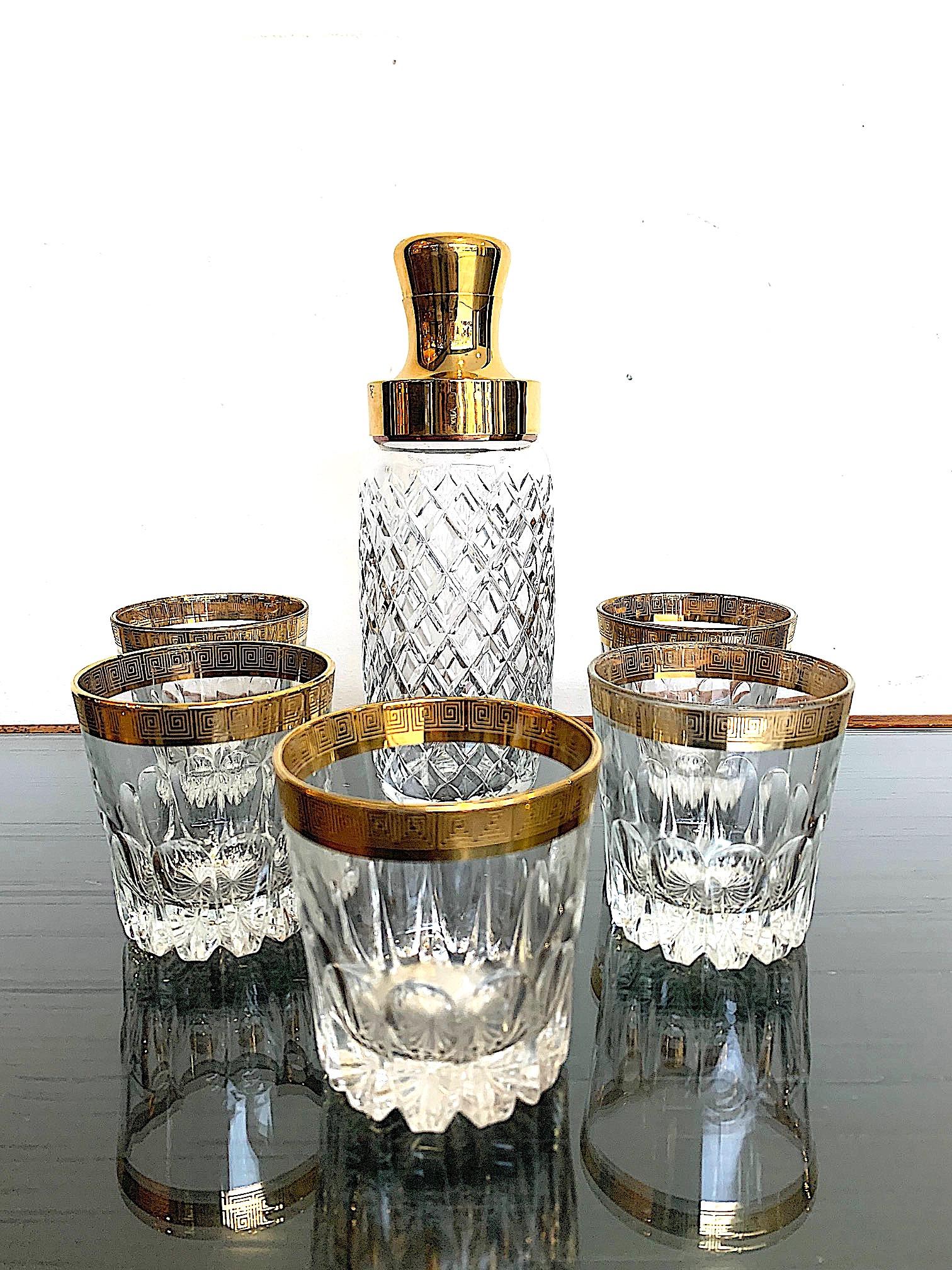 Crystal and Gilt Cocktail Set with Shaker and Six Matching Gilt Edged Tumblers 5