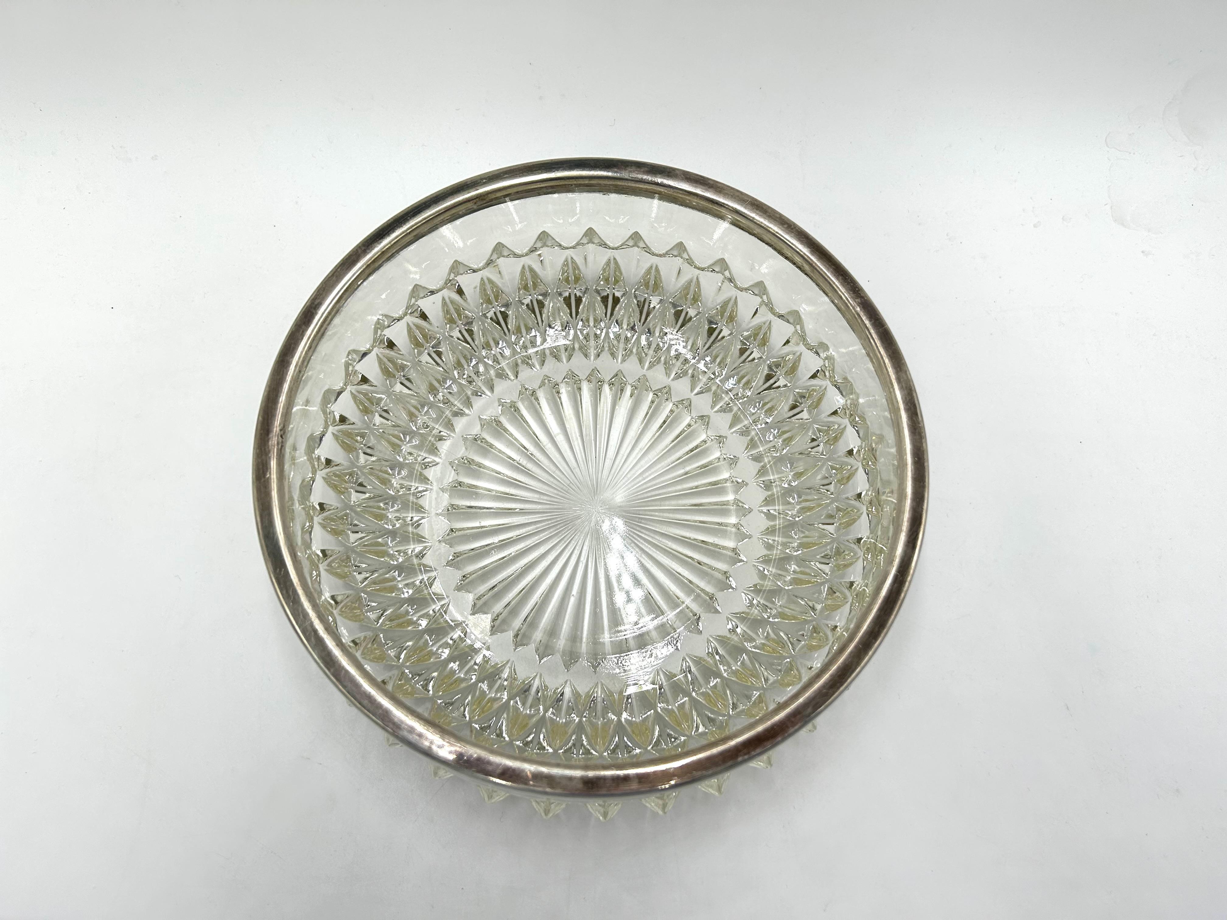 Mid-Century Modern Crystal Bowl with a Silver Ring For Sale