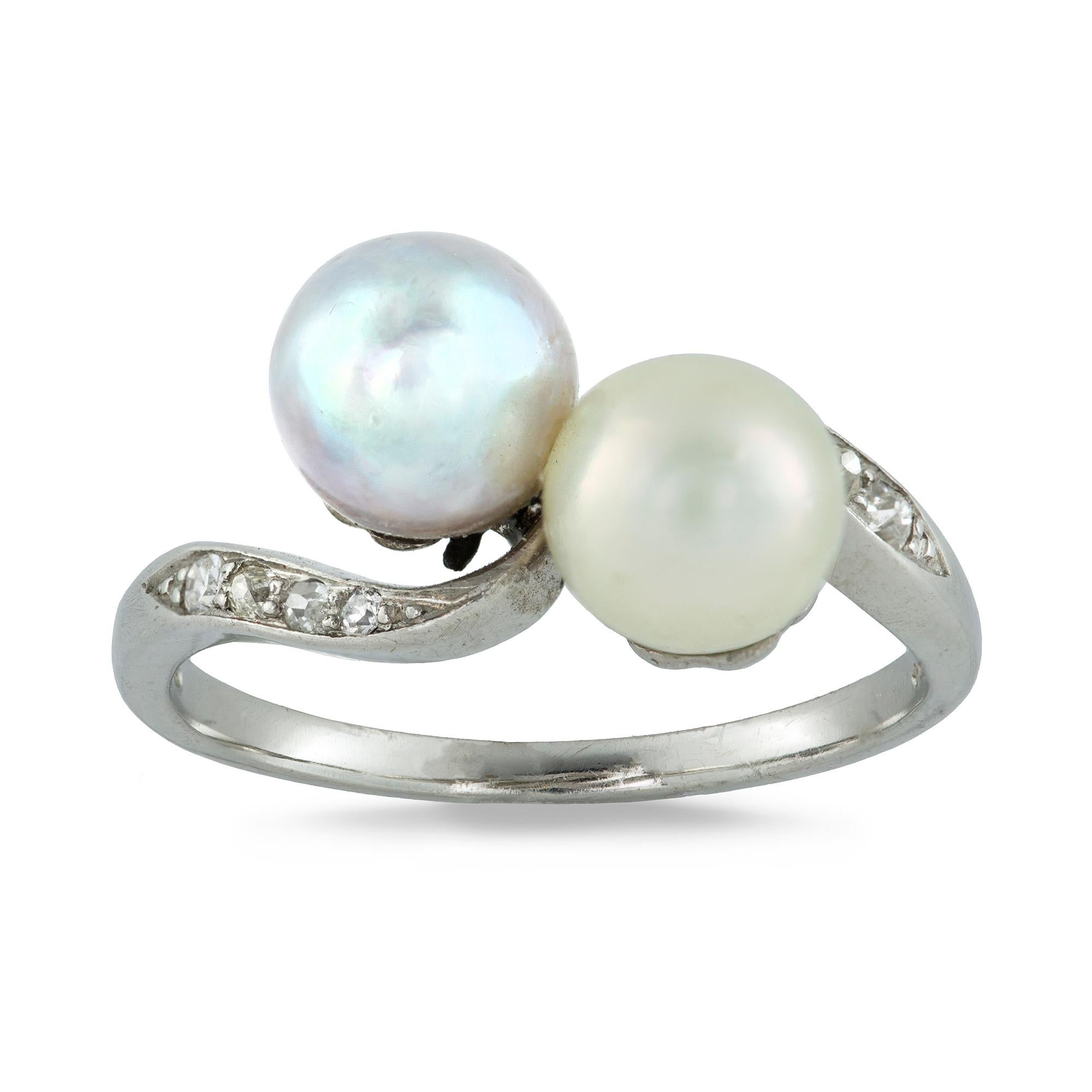 Modern Cultured Pearl and Diamond Crossover Ring For Sale