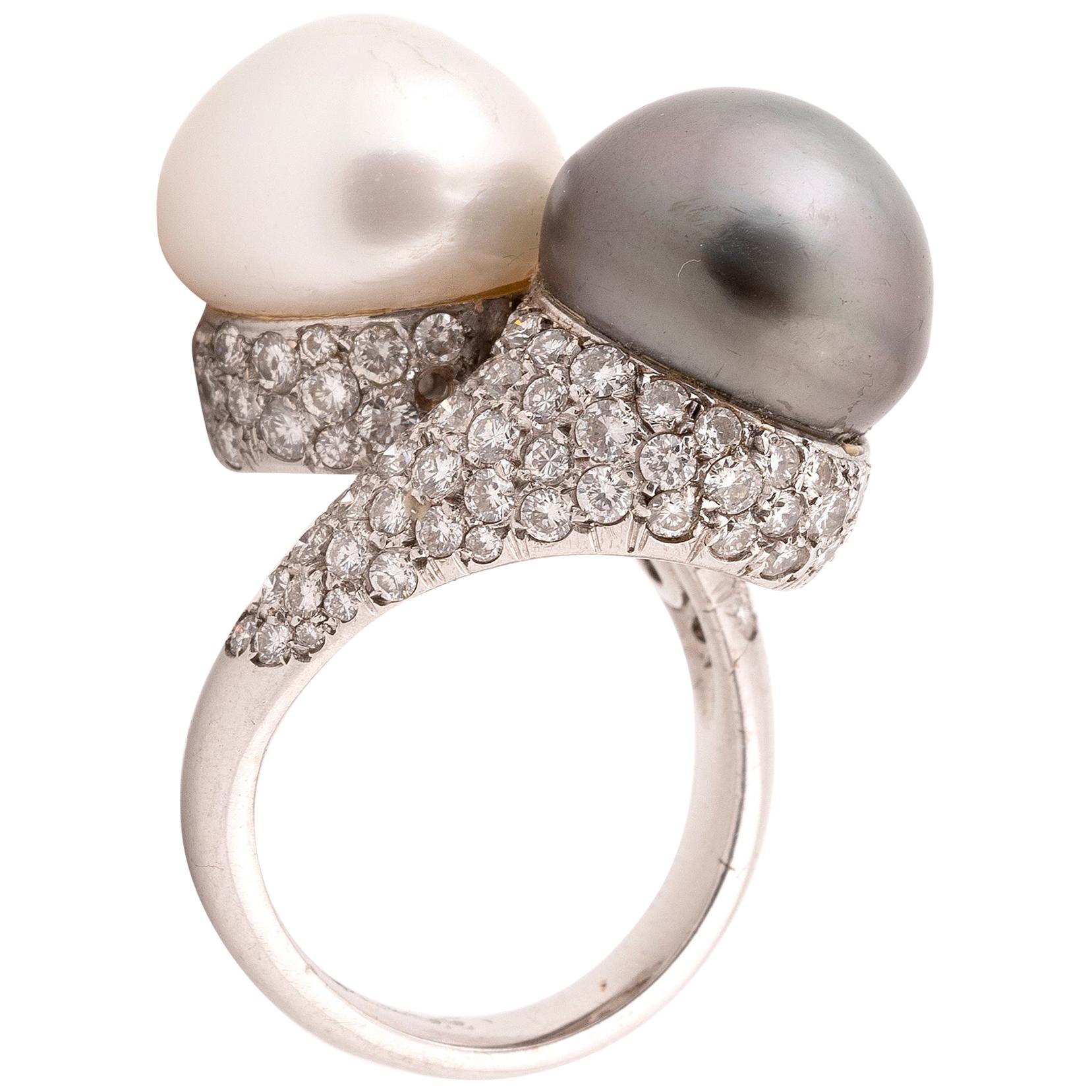 Brilliant Cut Cultured Pearl and Diamond Crossover Ring For Sale