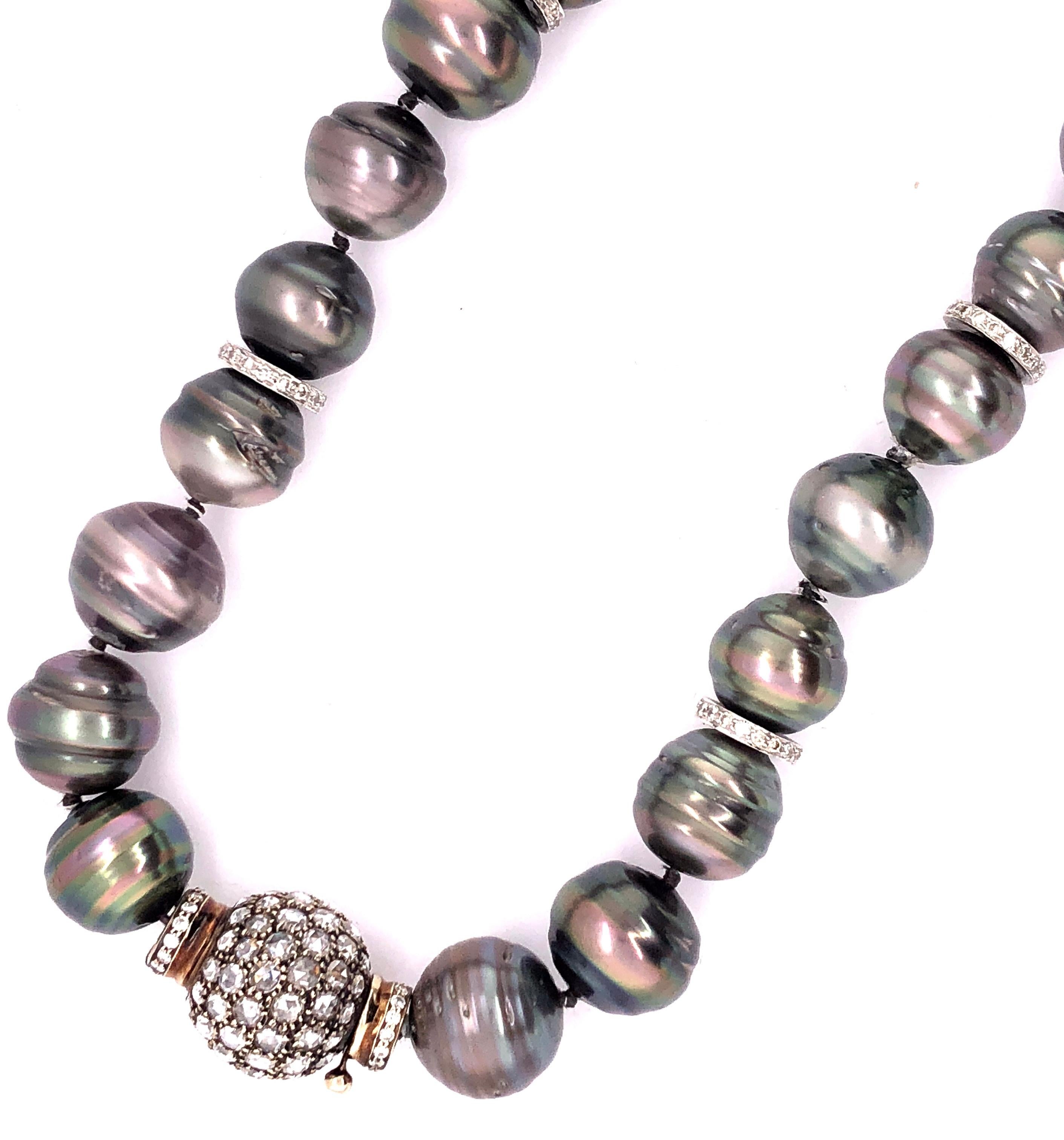 Modern Black Baroque Pearl and Pave Diamond Long Chain Necklace. 100 14.9-12.1mm Pearls For Sale