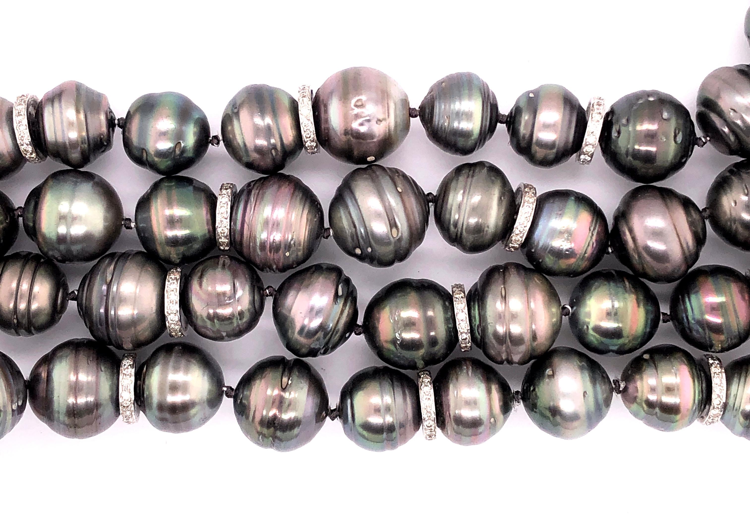 Round Cut Black Baroque Pearl and Pave Diamond Long Chain Necklace. 100 14.9-12.1mm Pearls For Sale