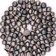 Black Baroque Pearl and Pave Diamond Long Chain Necklace. 100 14.9-12.1mm Pearls