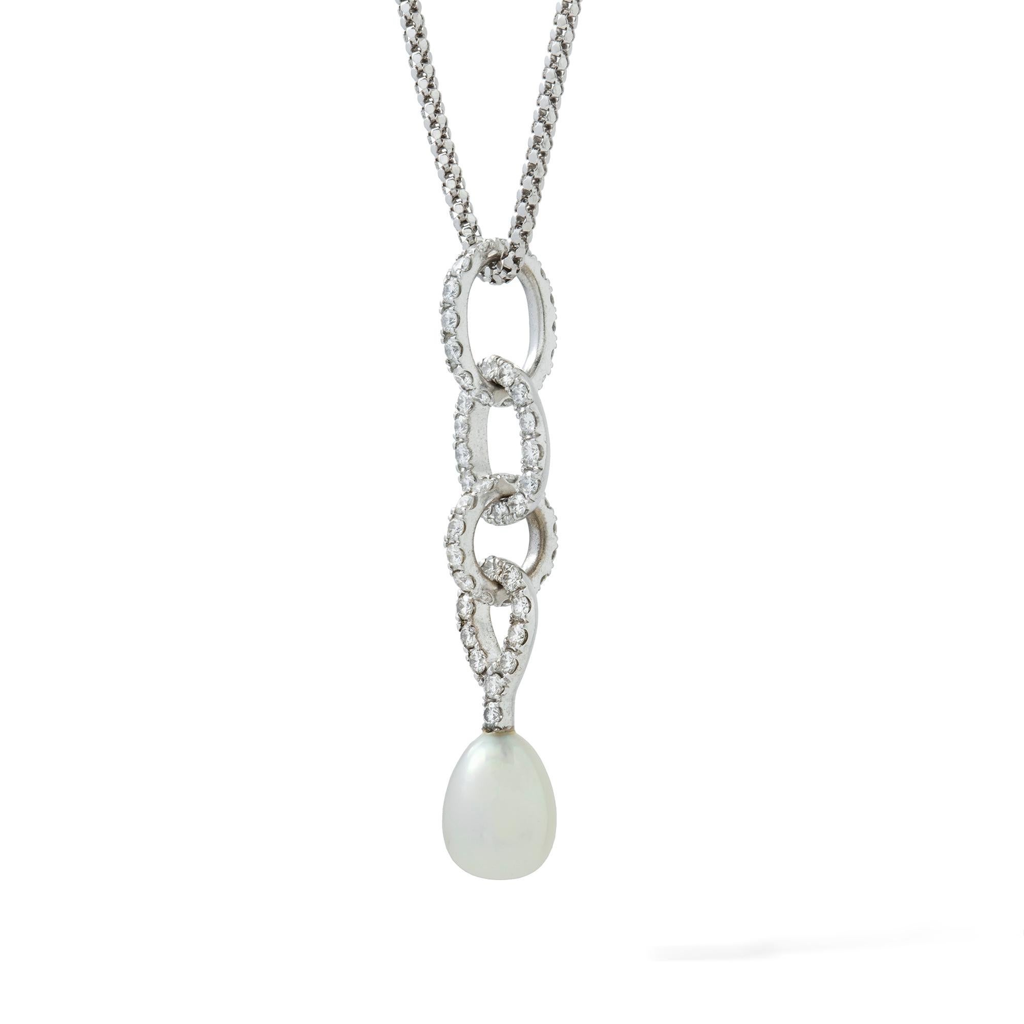 A cultured  pearl and diamond pendant, the pear-shaped cultured pearl, measuring 0.8 x 0.6 mm, suspended by a diamond-set pear-shaped pendant loop, with three diamond-set circles, the diamonds weighing approximately a total of 0.50 carats, all set