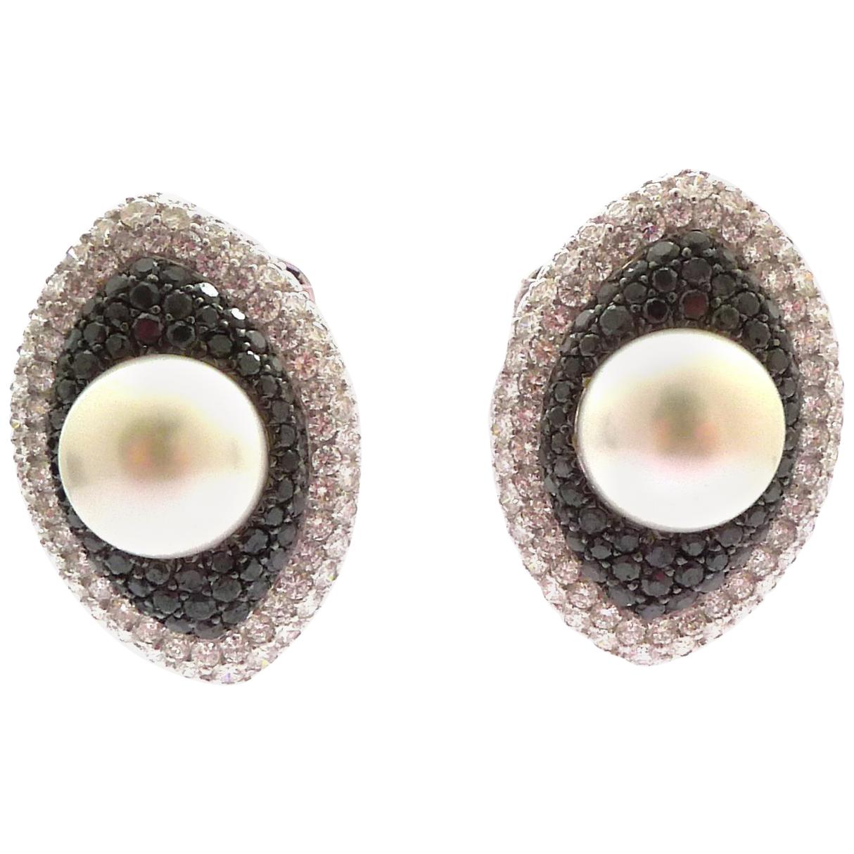 Cultured Pearl, Black Diamonds, White Diamonds Earrings in 18 Karat White Gold For Sale