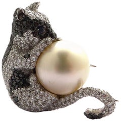 Cultured Pearl, Diamond and Black Diamond Kitten Mounted in 18 Karat White Gold