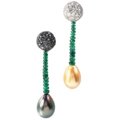 Cultured Pearl, Emerald, Garnet and Diamond Ear Pendant in 18 Karat White Gold