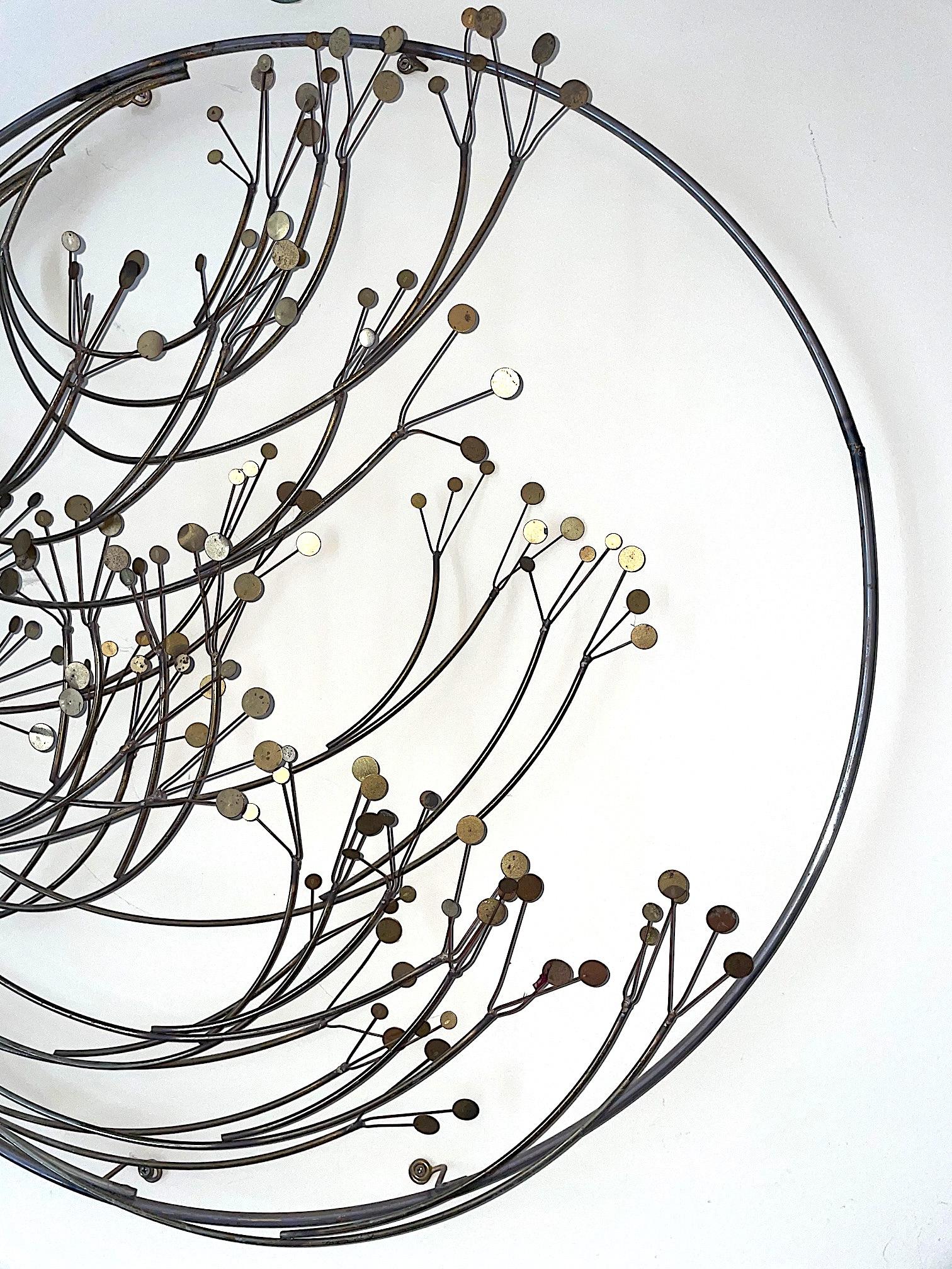 Mid-Century Modern Curtis Jere Circular Metal Wall Sculpture with Brass and Chrome Tree Blossom