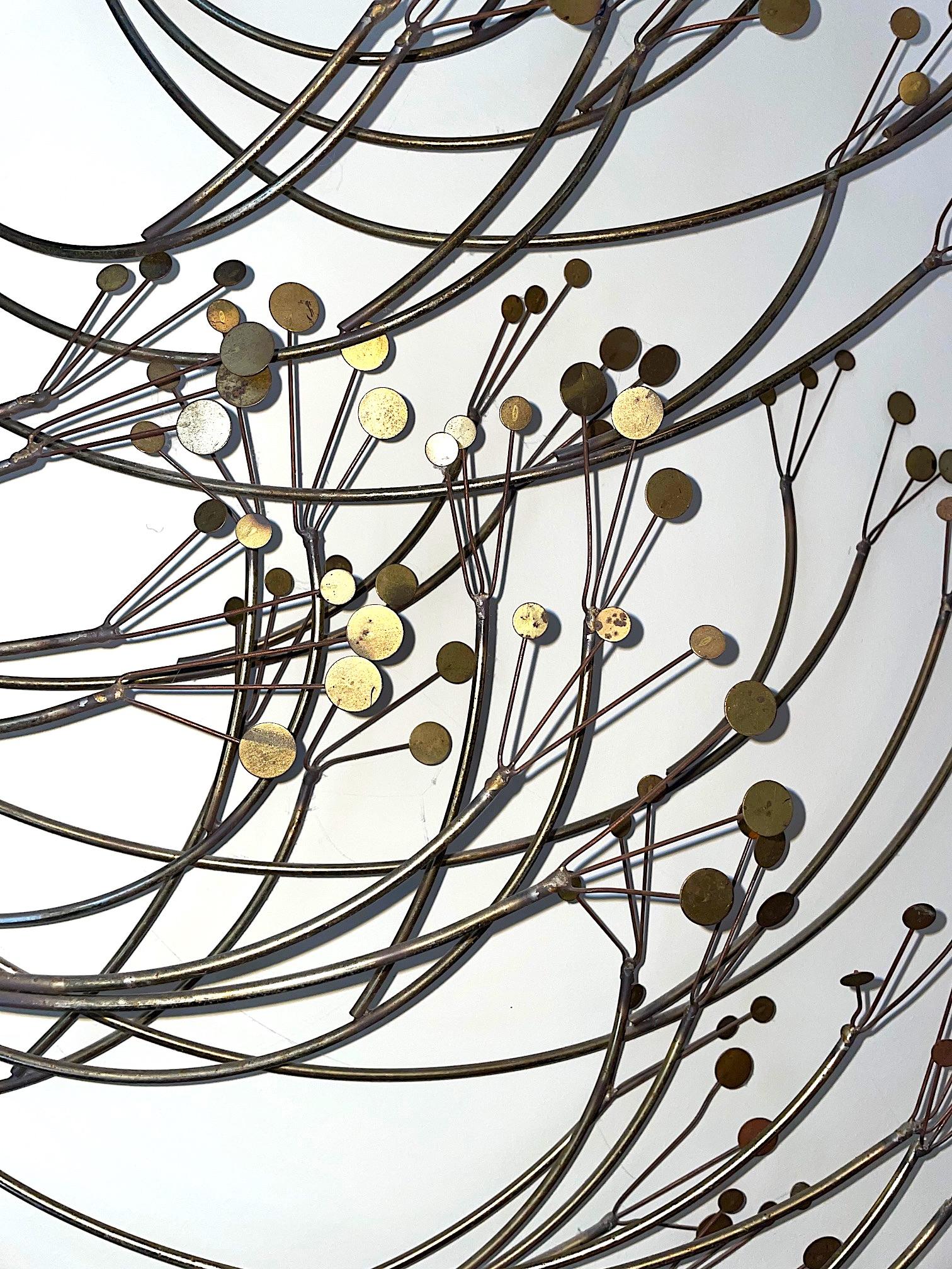 Central American Curtis Jere Circular Metal Wall Sculpture with Brass and Chrome Tree Blossom
