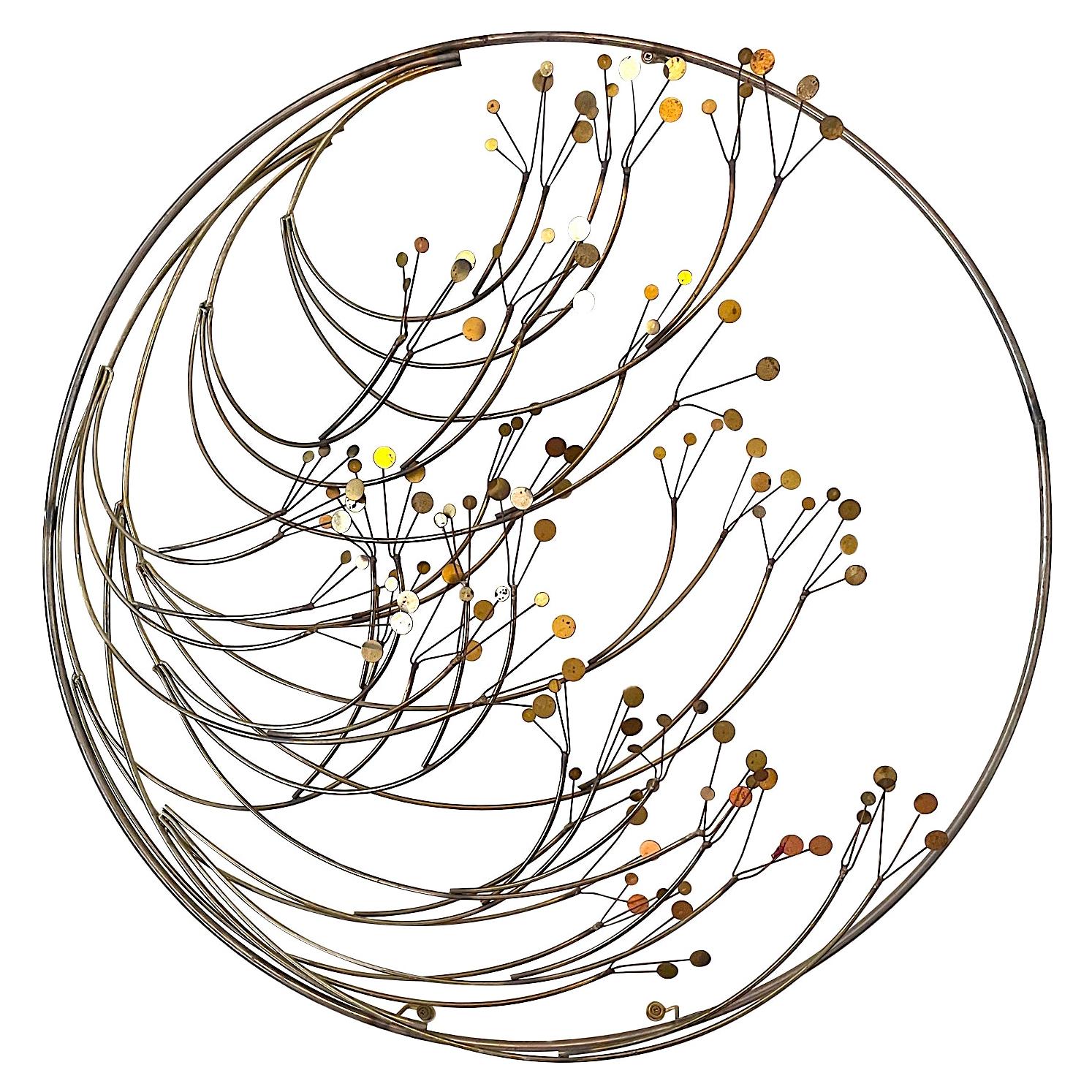 Curtis Jere Circular Metal Wall Sculpture with Brass and Chrome Tree Blossom