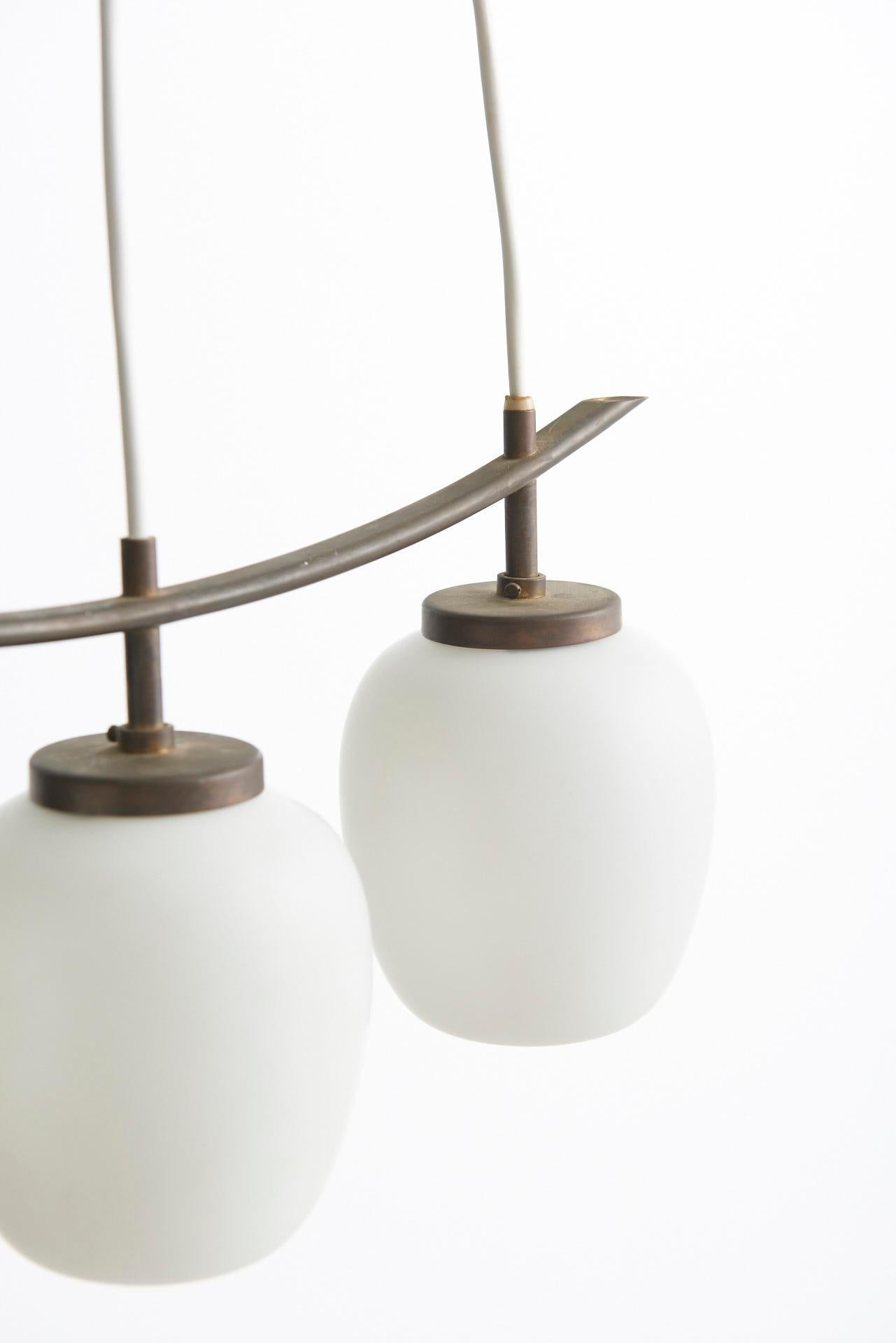 Curved Brass Pendant with Three Opaline Glass Shades, Bent Karlby 5