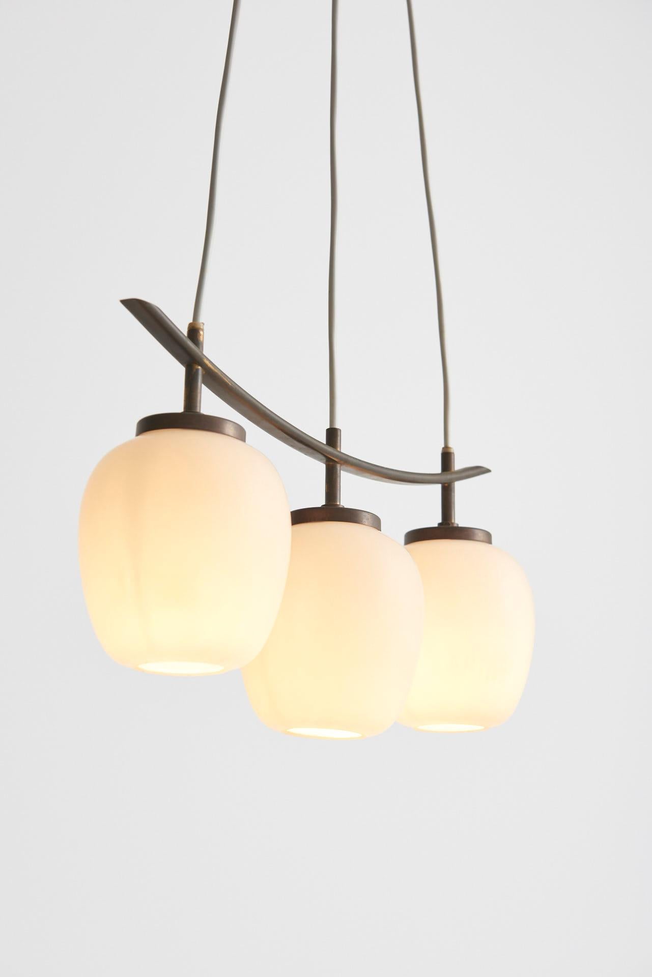 Danish Curved Brass Pendant with Three Opaline Glass Shades, Bent Karlby