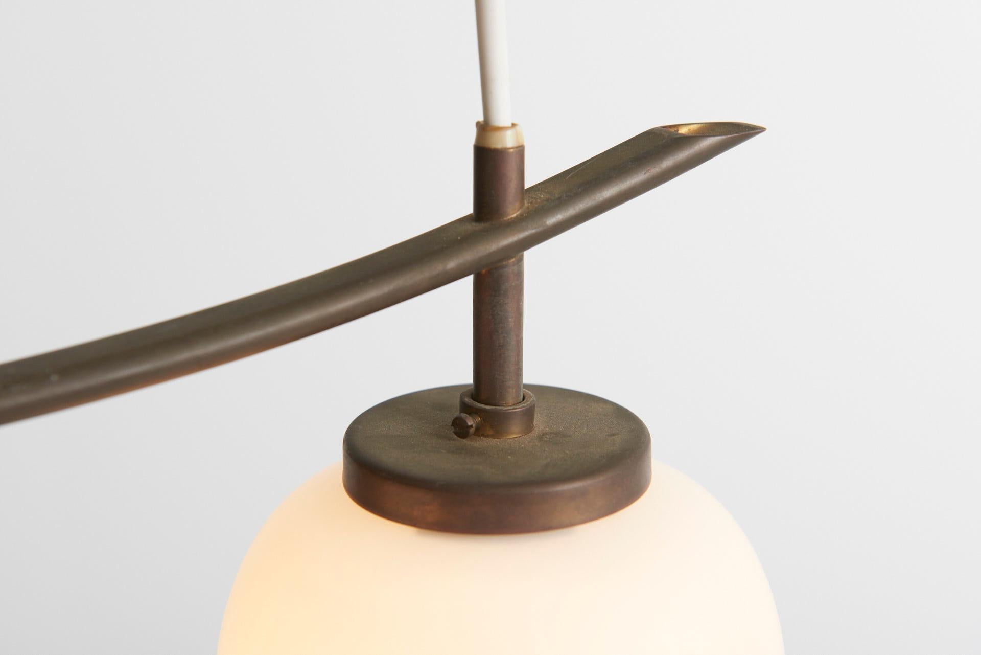 Curved Brass Pendant with Three Opaline Glass Shades, Bent Karlby 3