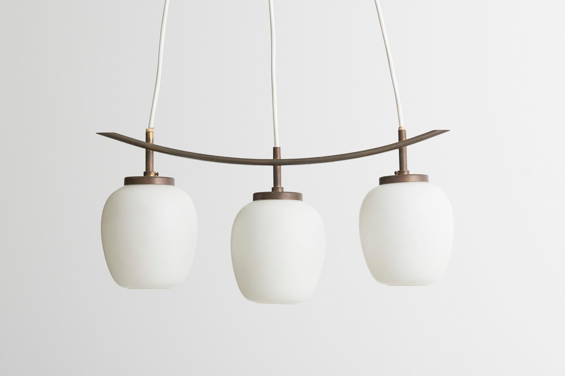 Curved Brass Pendant with Three Opaline Glass Shades, Bent Karlby 4