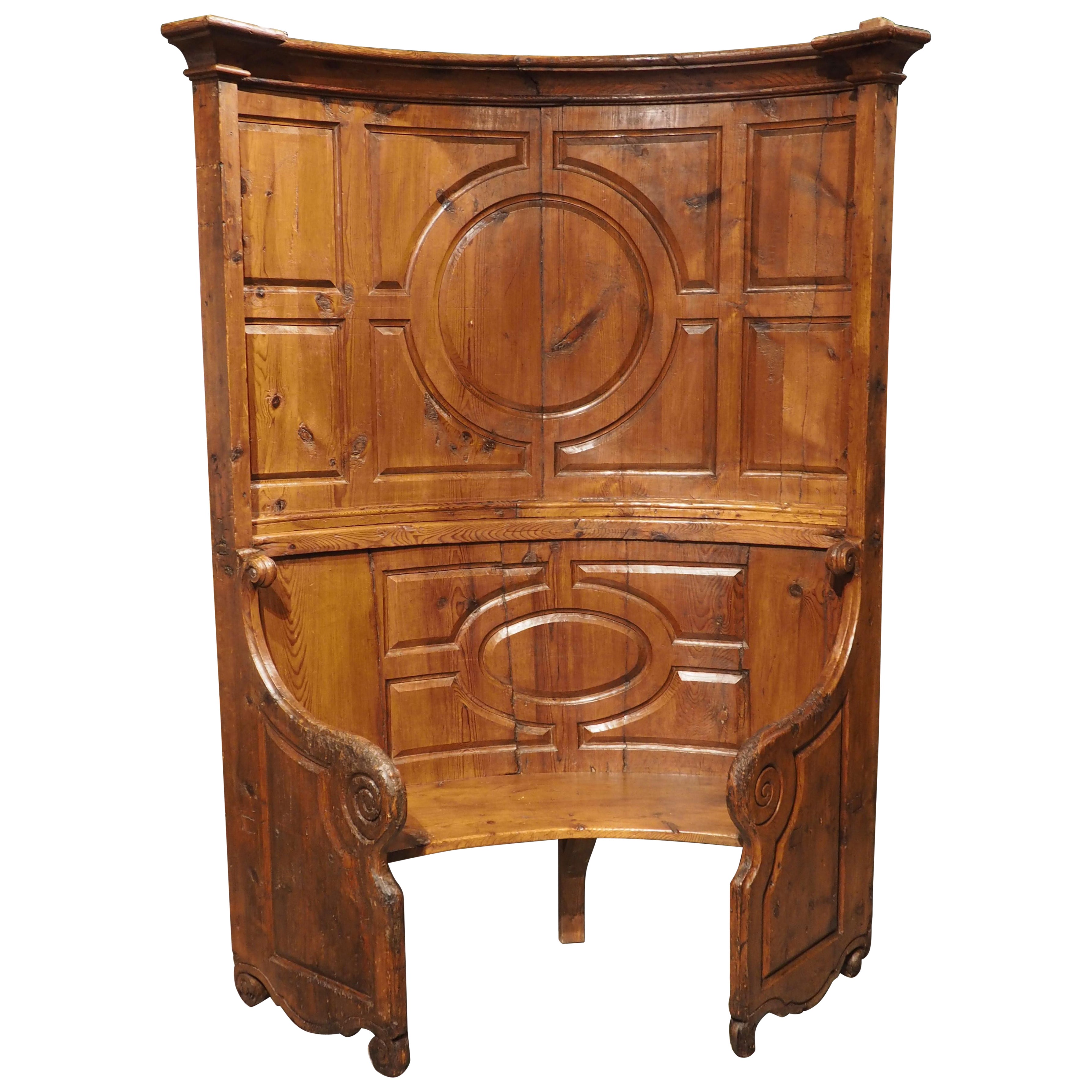 Curved circa 1700 North Italian Choir Chair in Carved Larch Wood For Sale