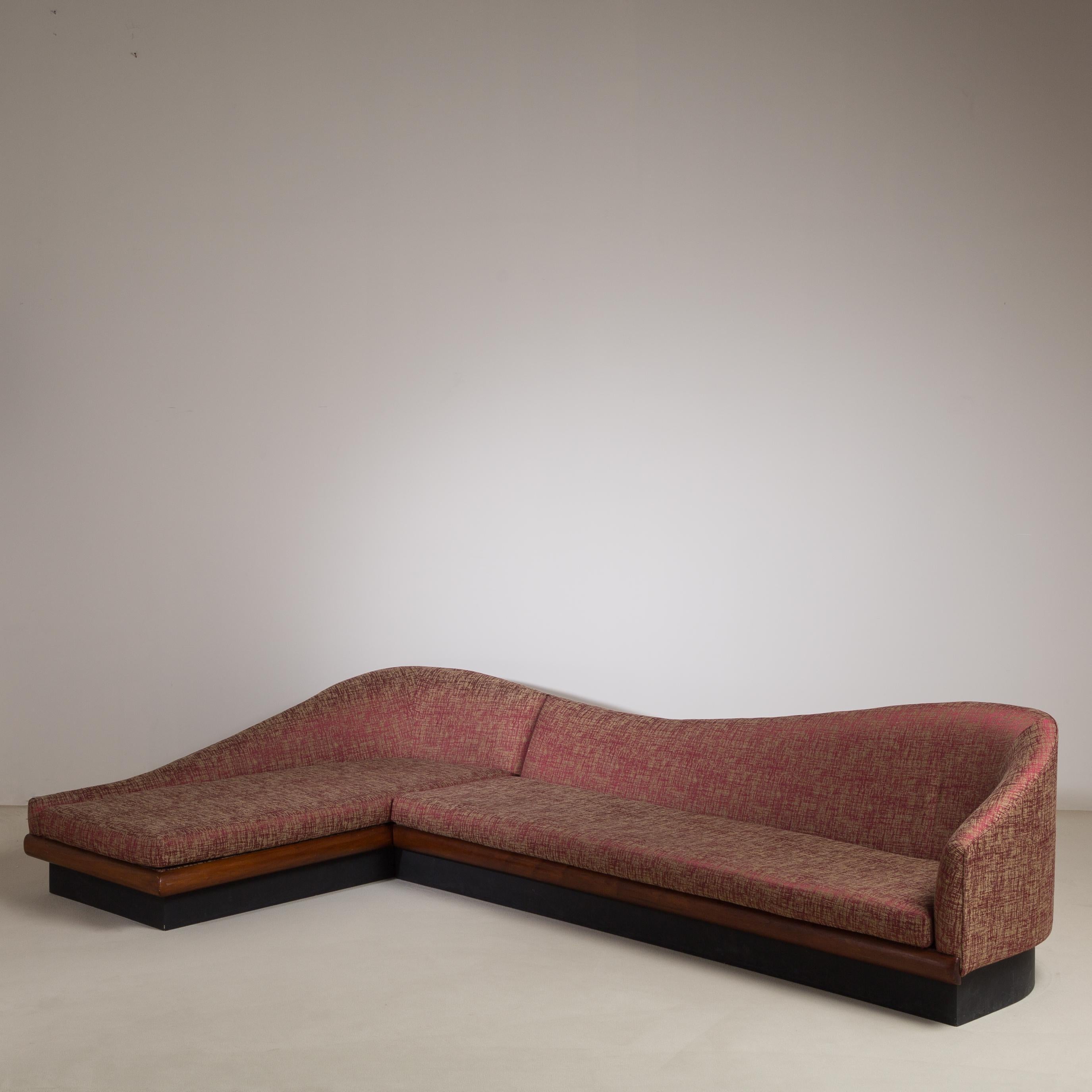 A curved two-part sectional Cloud sofa by Adrian Pearsall for Craft Associates, USA, 1950s. Set on a floating walnut base. In good vintage condition with new re-upholstery.   Please contact us if you are interested in recovering the sofa with your