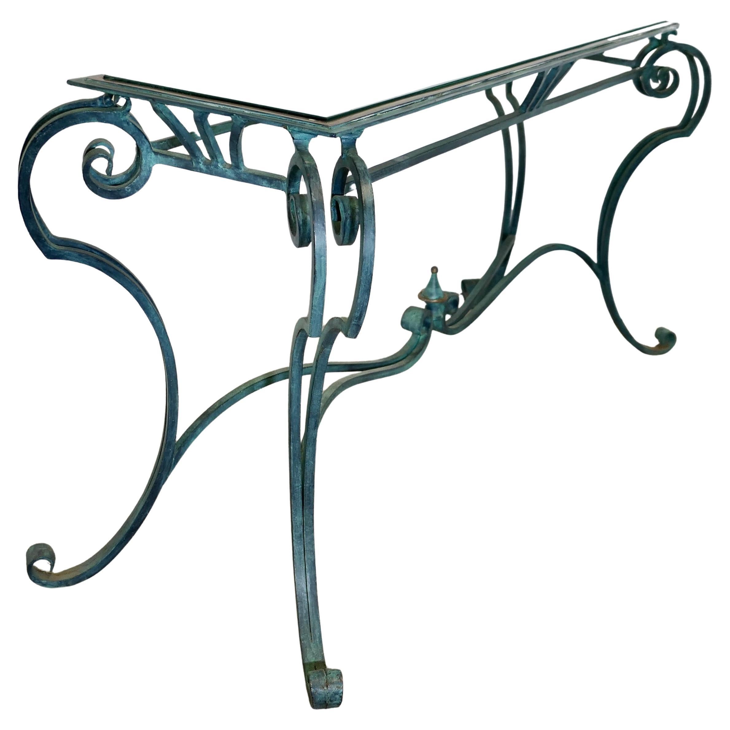 A Curvy French Green Iron and Brass  Console Table    This is a lovely table