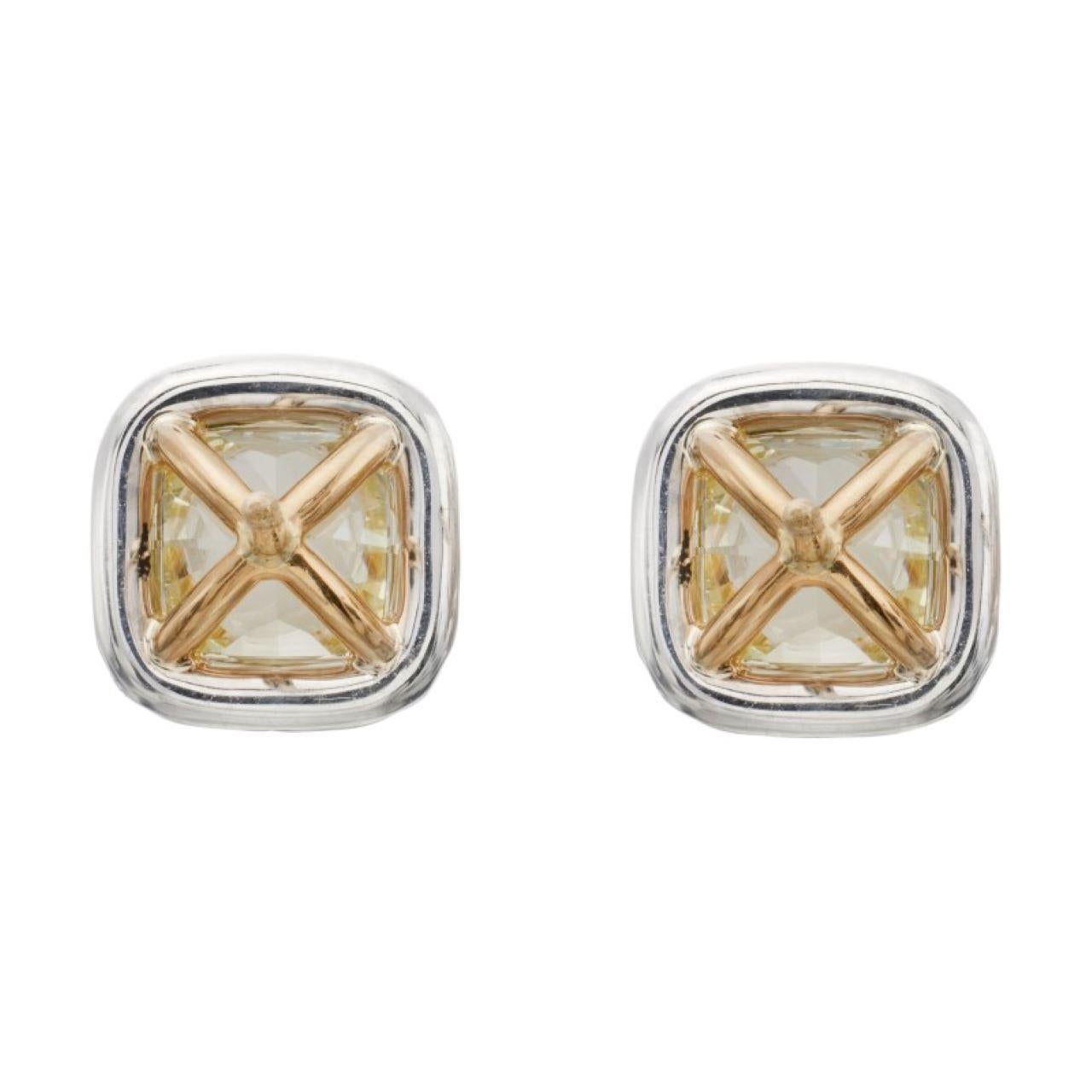 A Cushion Shaped 1.31 ct Fancy Yellow Internally Flawless and VS2 Diamond Earrin In New Condition For Sale In New York, US