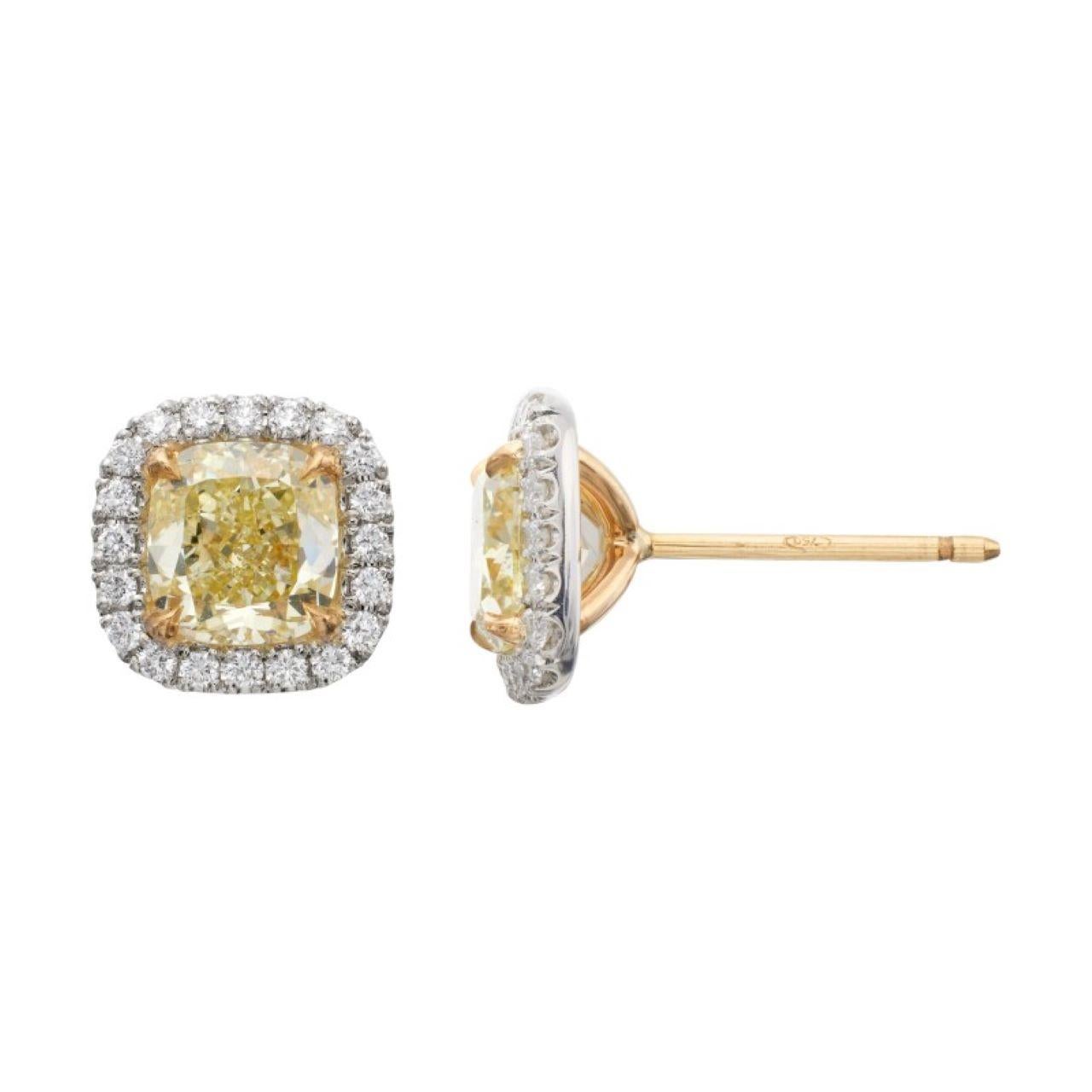 Cushion Cut A Cushion Shaped 1.31 ct Fancy Yellow Internally Flawless and VS2 Diamond Earrin For Sale