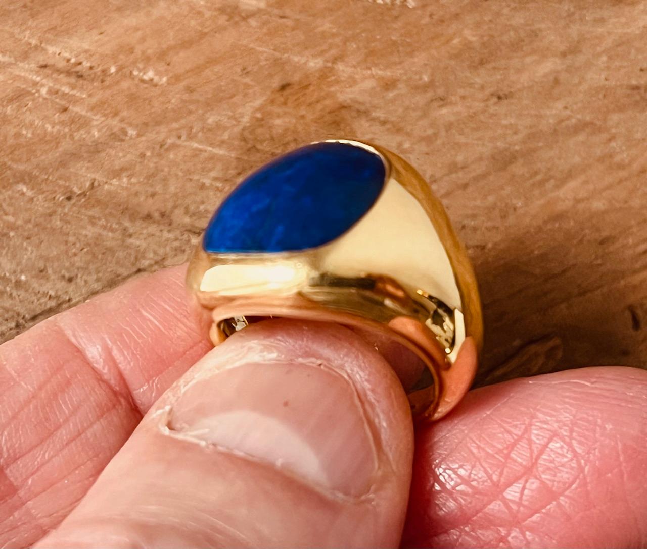 Cushion Cut A Cushion Shaped Lapis Lazuli Mounted In a 18 Carat Yellow Gold Signet Ring  For Sale