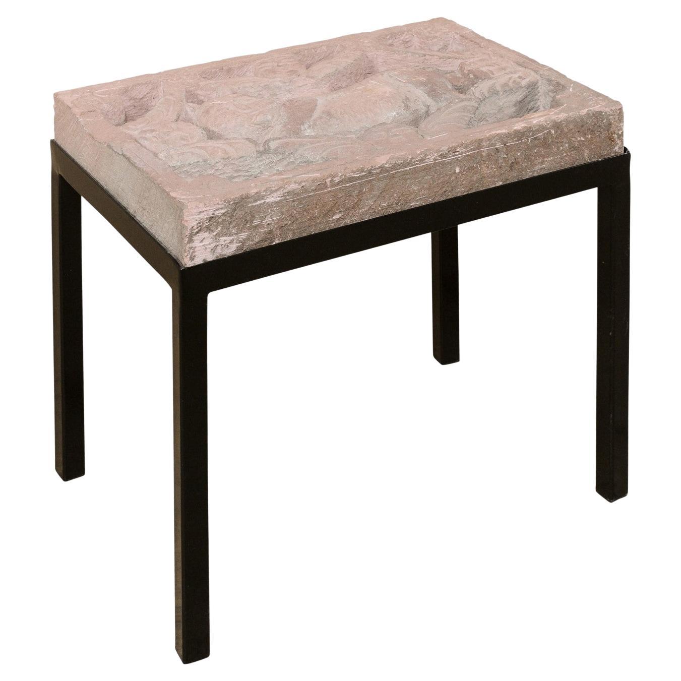 Custom Accent Table w/a Playful Mexican "Gato" & Cherub Carved-Stone Top For Sale