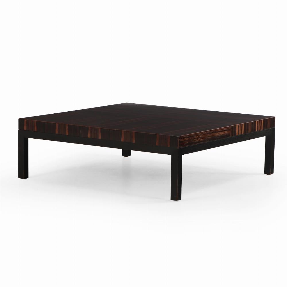 A beautiful and dramatic square rosewood top with pronounced wood grain, resting on four legs of ebonized oak. 

The Boke model is longer in production, but this example was custom ordered for size and purchased in the San Francisco showrooms circa