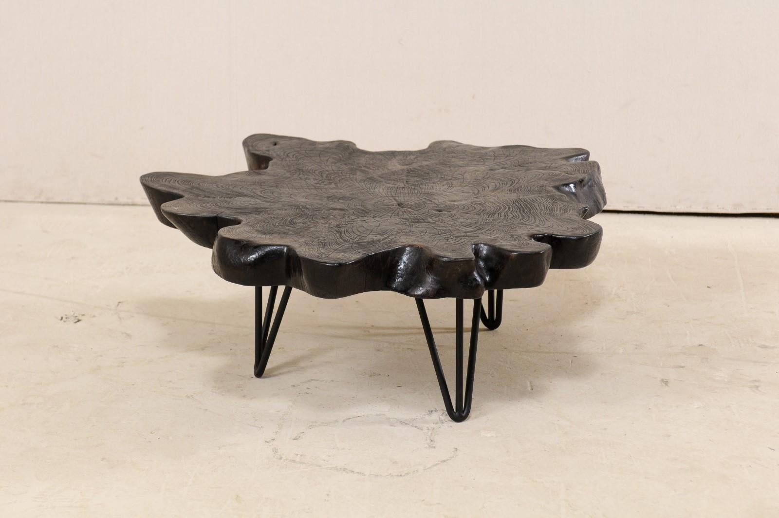 Indian Custom Carbonized Teak Slab Cofffee Table with Iron Base