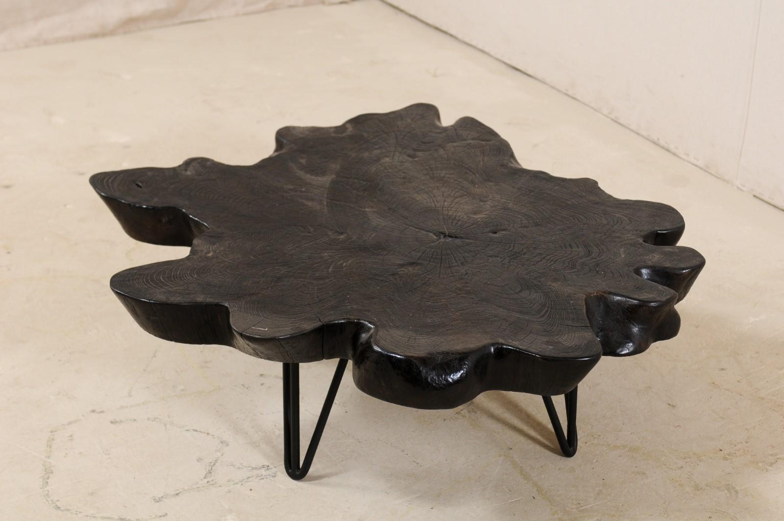Custom Carbonized Teak Slab Cofffee Table with Iron Base 2