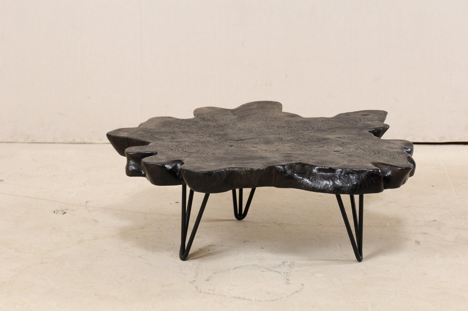 Custom Carbonized Teak Slab Cofffee Table with Iron Base 3