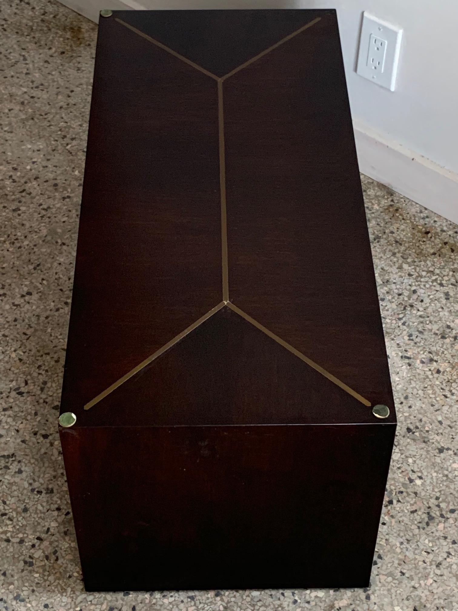 An interesting custom cube table made by Dunbar. With brass inlay could be a pedestal or coffee table.