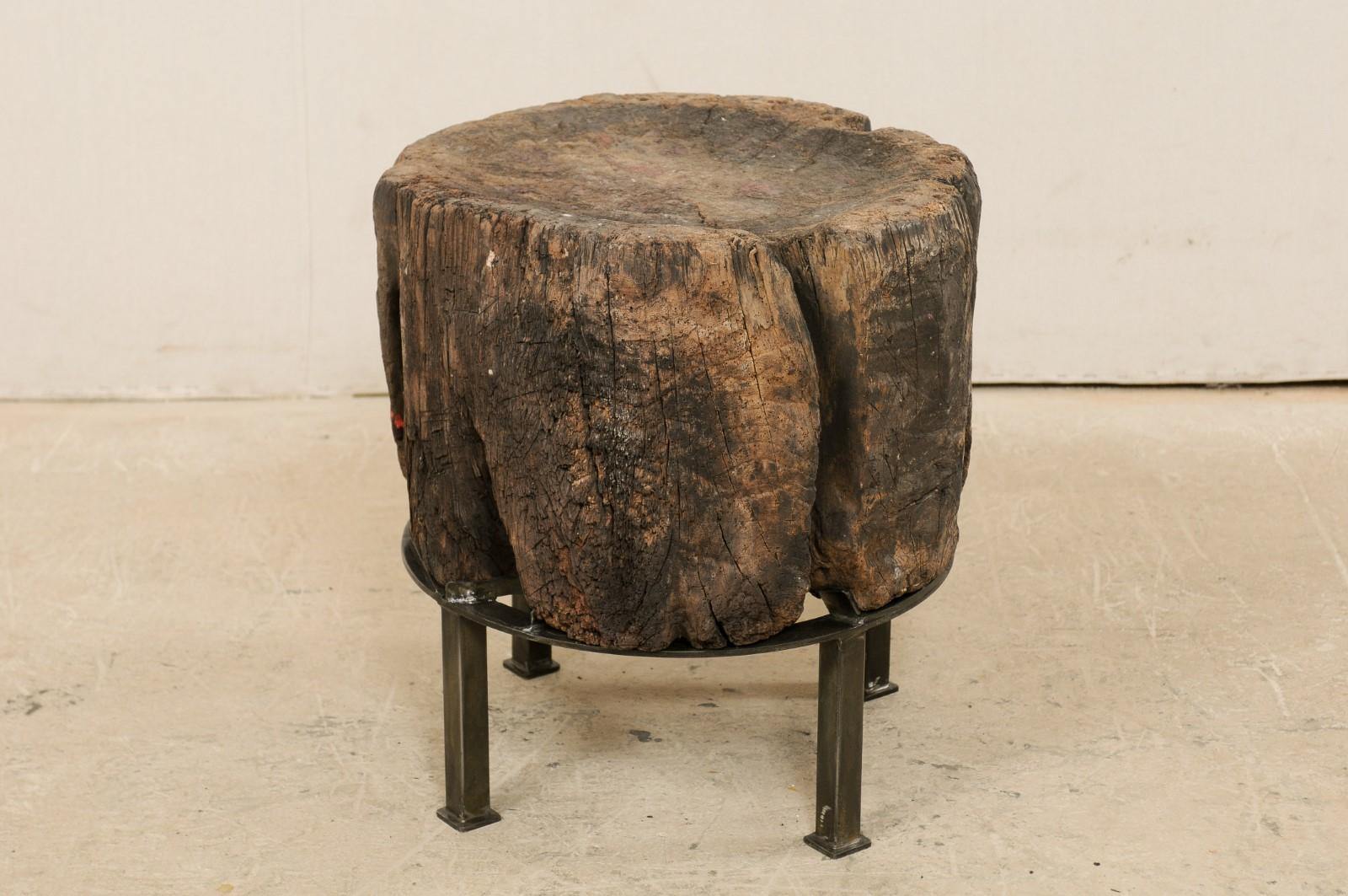 Custom Designed Side Table from a European Chopping Block with Iron Base 6
