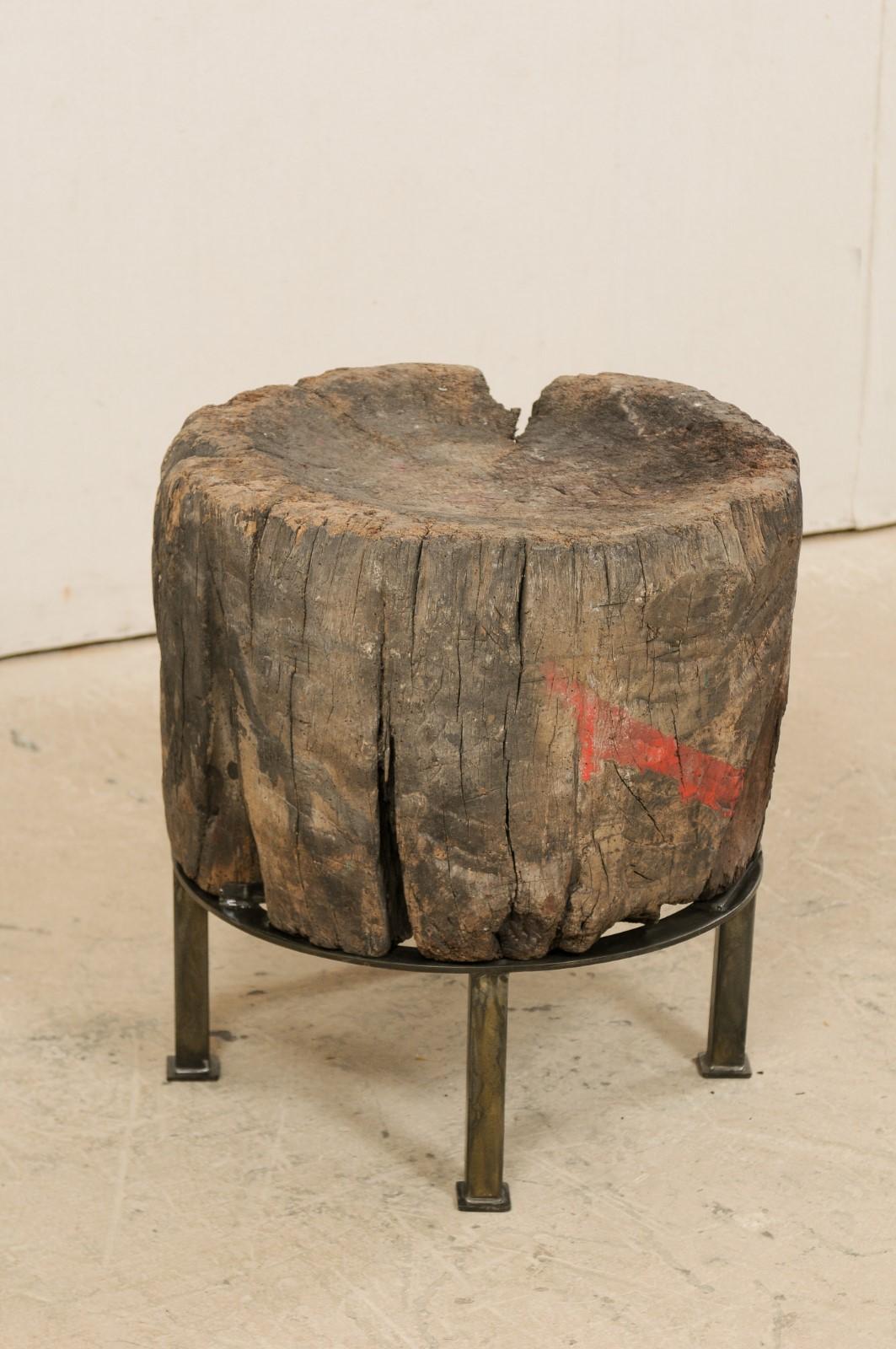 Custom Designed Side Table from a European Chopping Block with Iron Base In Good Condition In Atlanta, GA