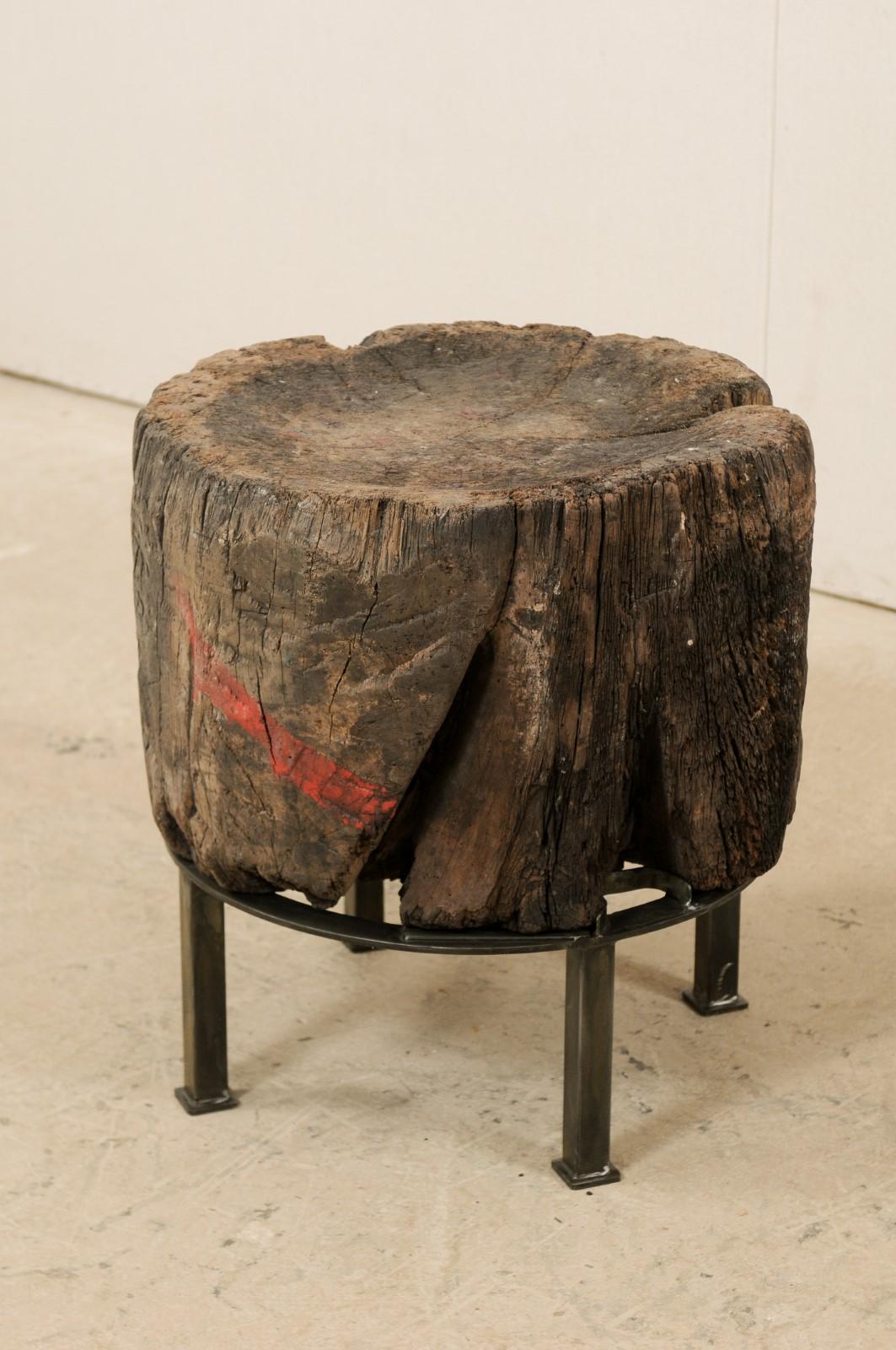 19th Century Custom Designed Side Table from a European Chopping Block with Iron Base