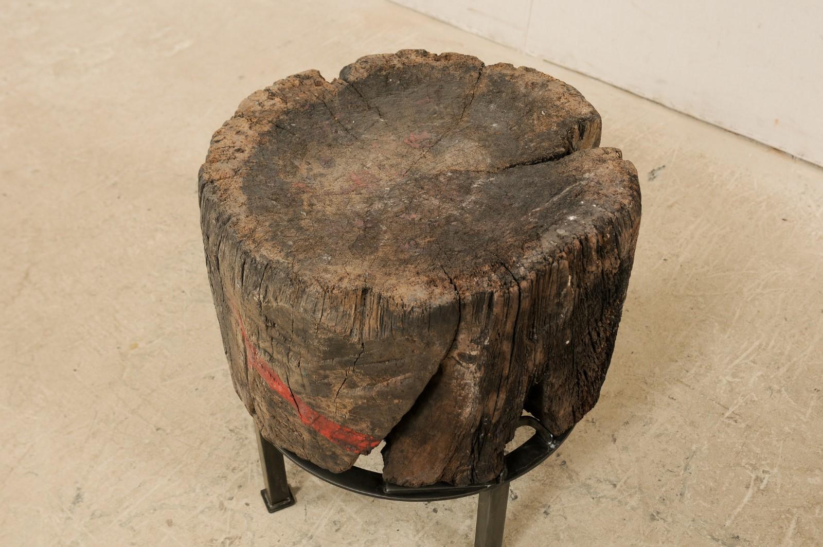Wood Custom Designed Side Table from a European Chopping Block with Iron Base