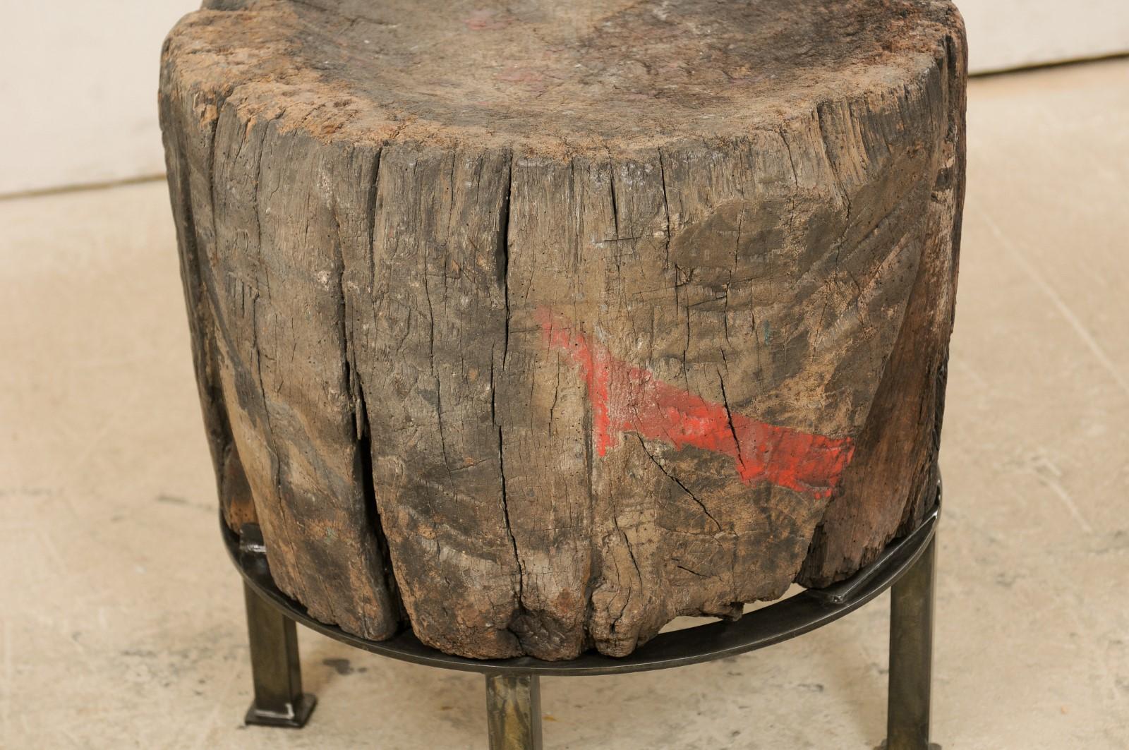 Custom Designed Side Table from a European Chopping Block with Iron Base 1