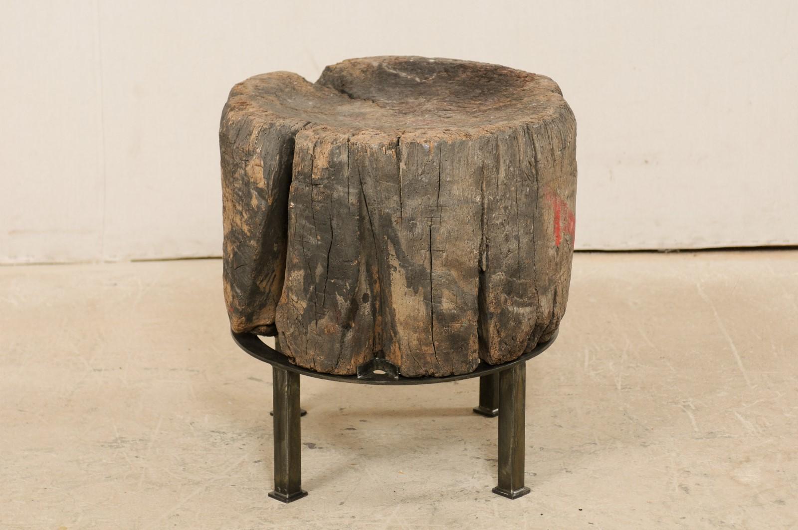 Custom Designed Side Table from a European Chopping Block with Iron Base 2