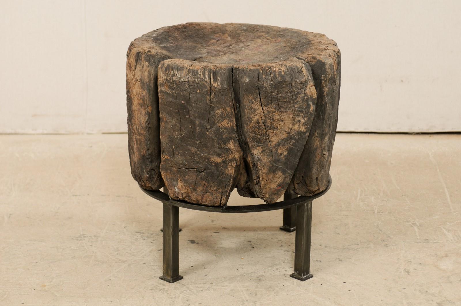Custom Designed Side Table from a European Chopping Block with Iron Base 3