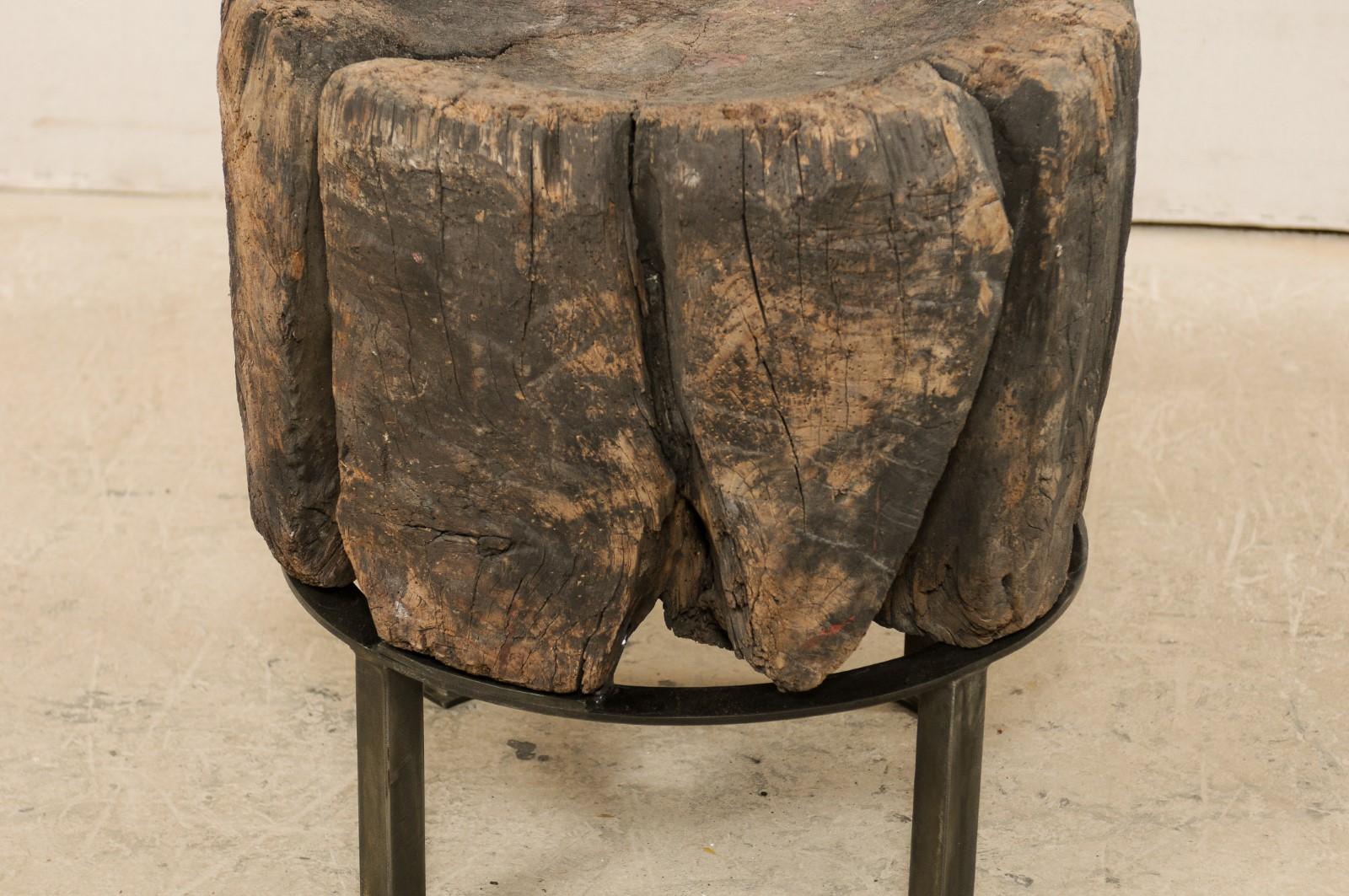Custom Designed Side Table from a European Chopping Block with Iron Base 4