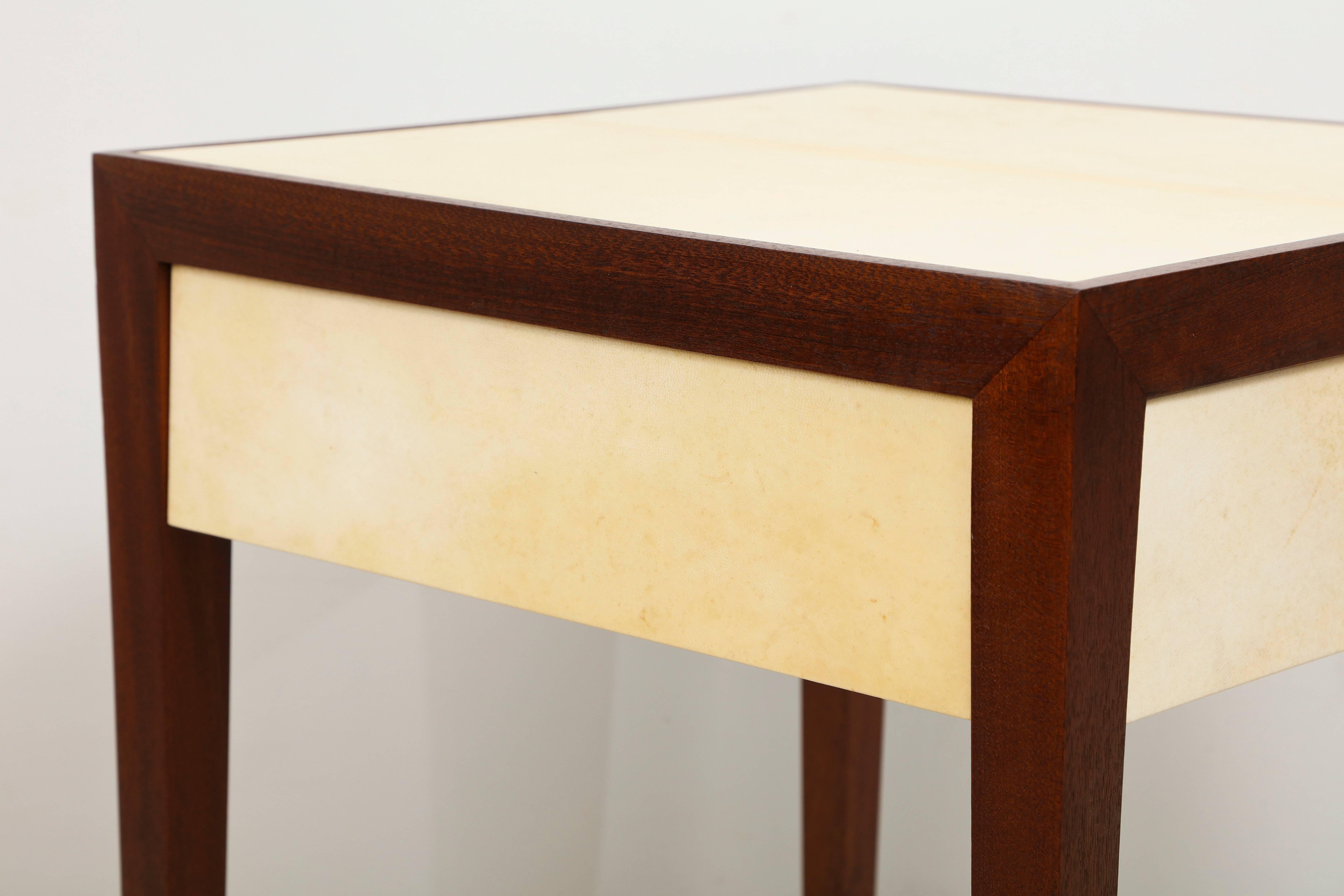 A Custom Mahogany End/Side Table with Parchment Top and Central Drawer In New Condition For Sale In New York, NY